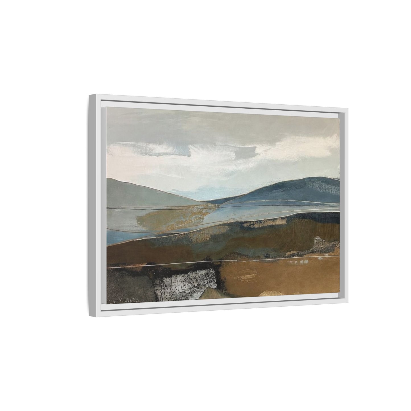 Framed Matte Canvas Landscape Art - Serene Abstract Hills in Blue & Earth Tones