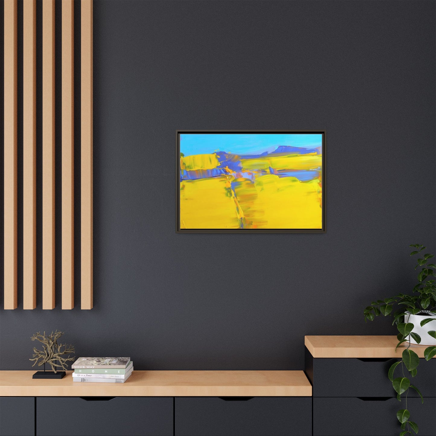 Framed Matte Canvas  Vibrant Yellow Blue Abstract Landscape Art