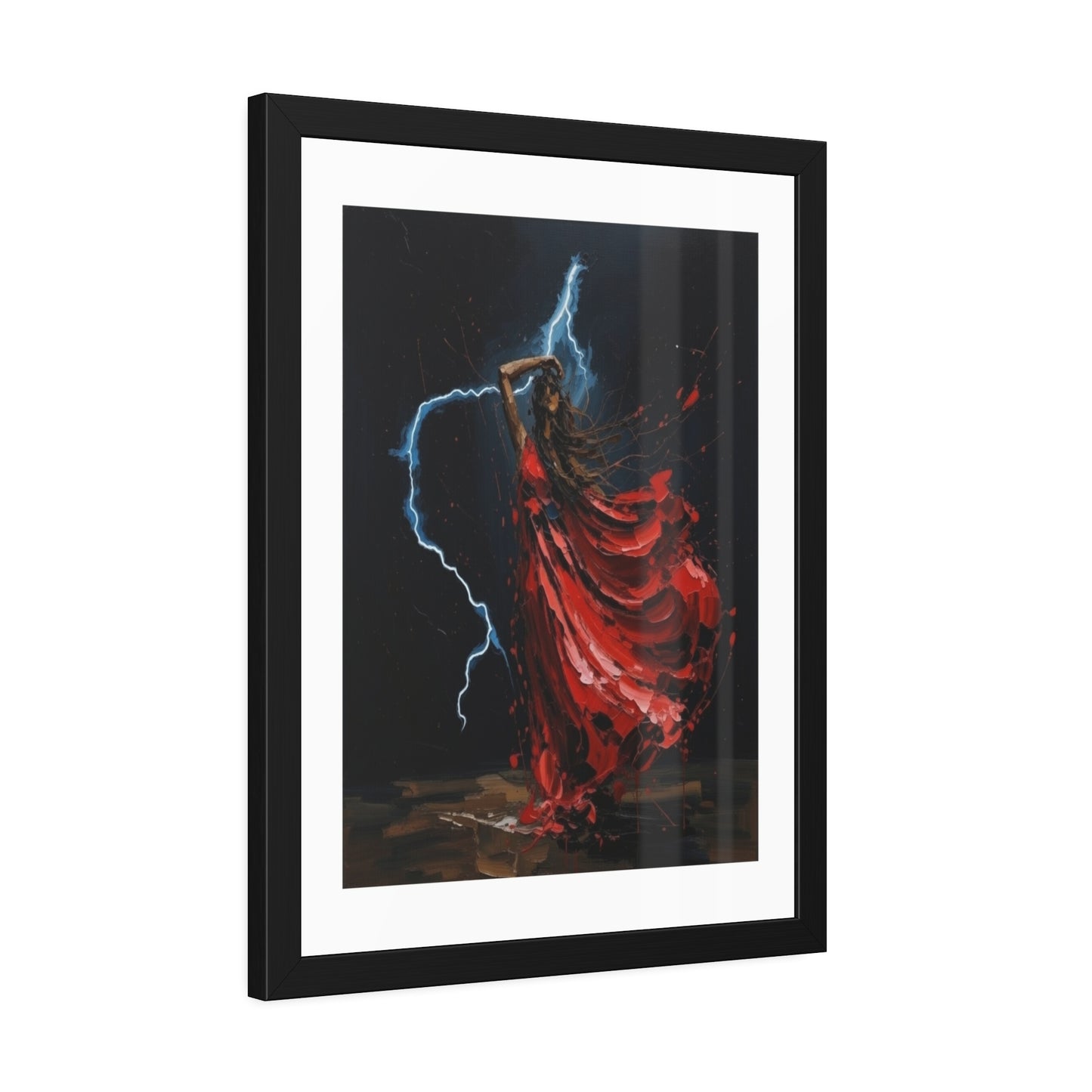 Framed Poster — Red-Dressed Dancer with Lightning Art Print
