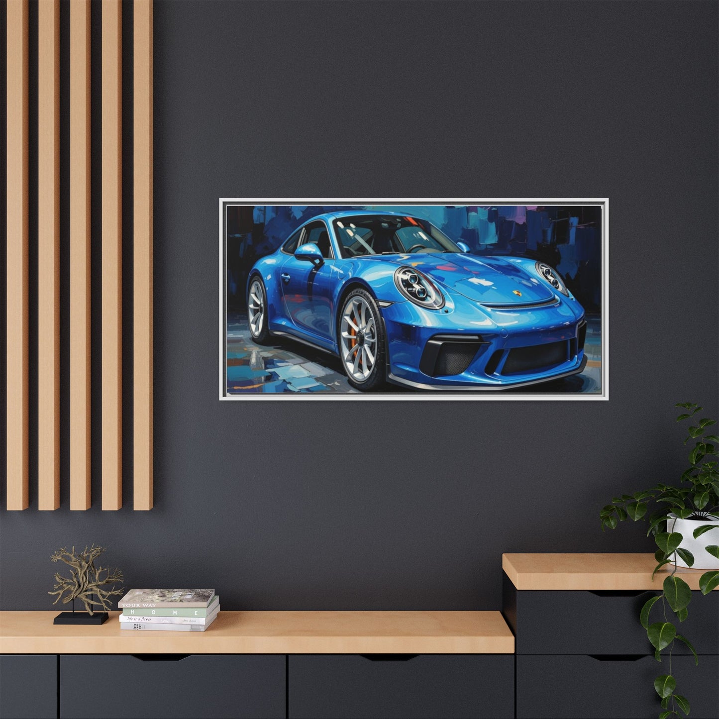 Blue Sports Car Matte Canvas Framed Print — Modern Automotive Wall Art