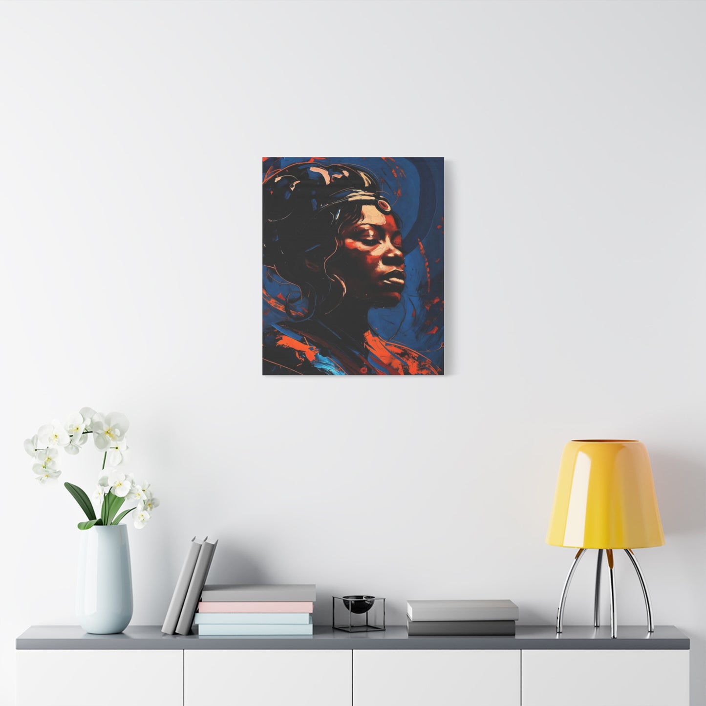 Regal Afrocentric Portrait Matte Canvas Art – Vibrant Blue & Orange Stretched Wall Decor