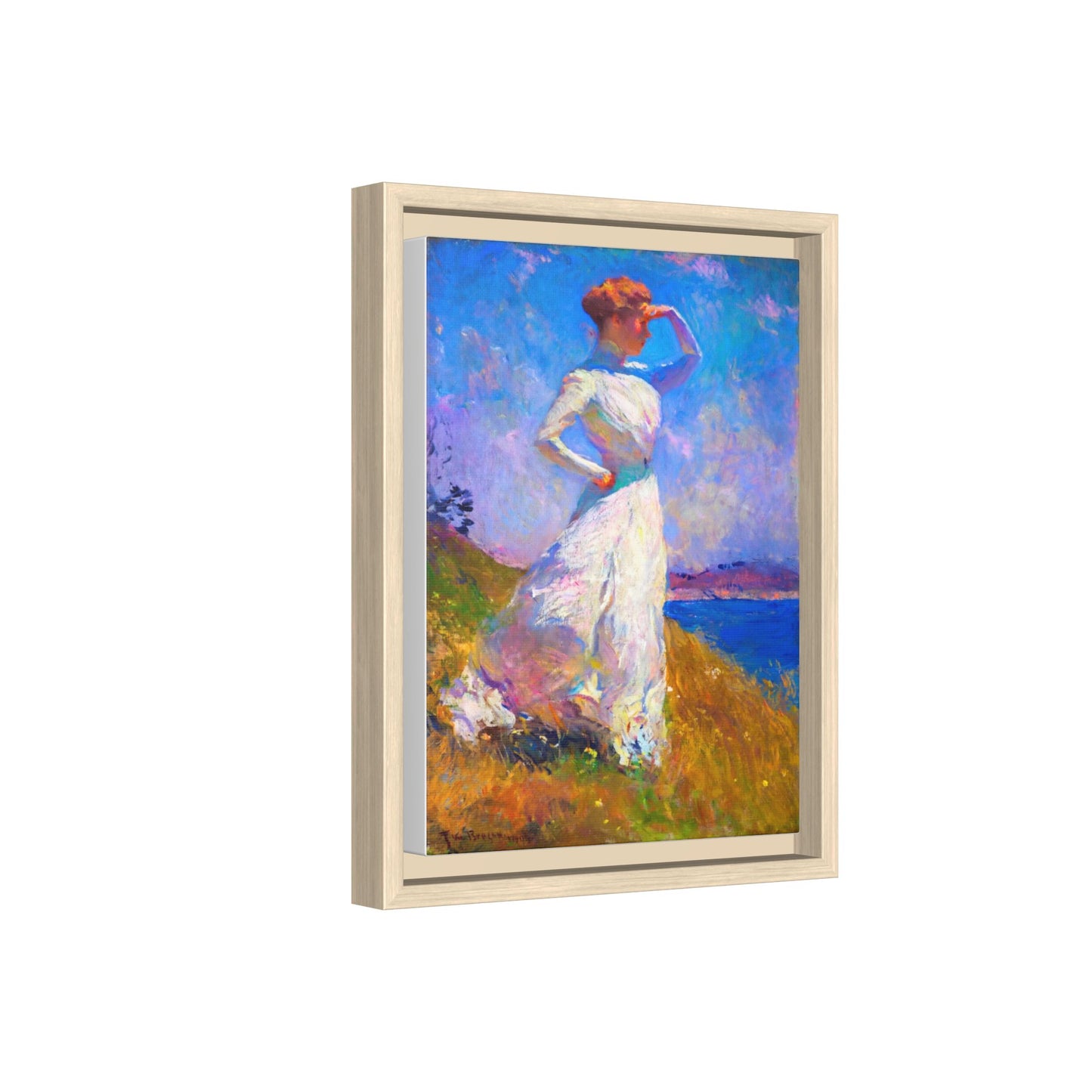 Framed Matte Canvas Art - Woman in White Seaside Impressionist Print