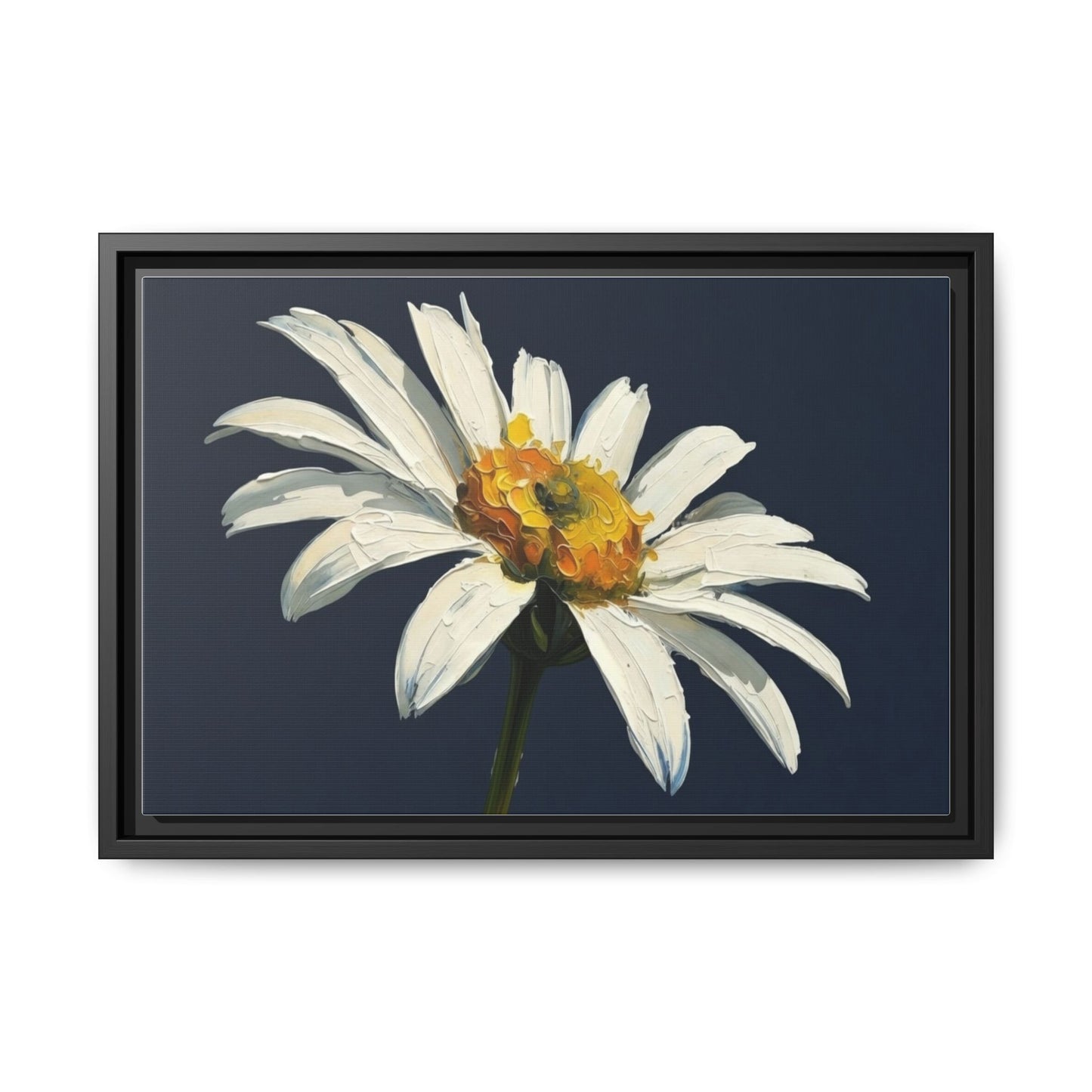 Framed Matte Canvas Daisy Wall Art — White Floral Painting on Navy
