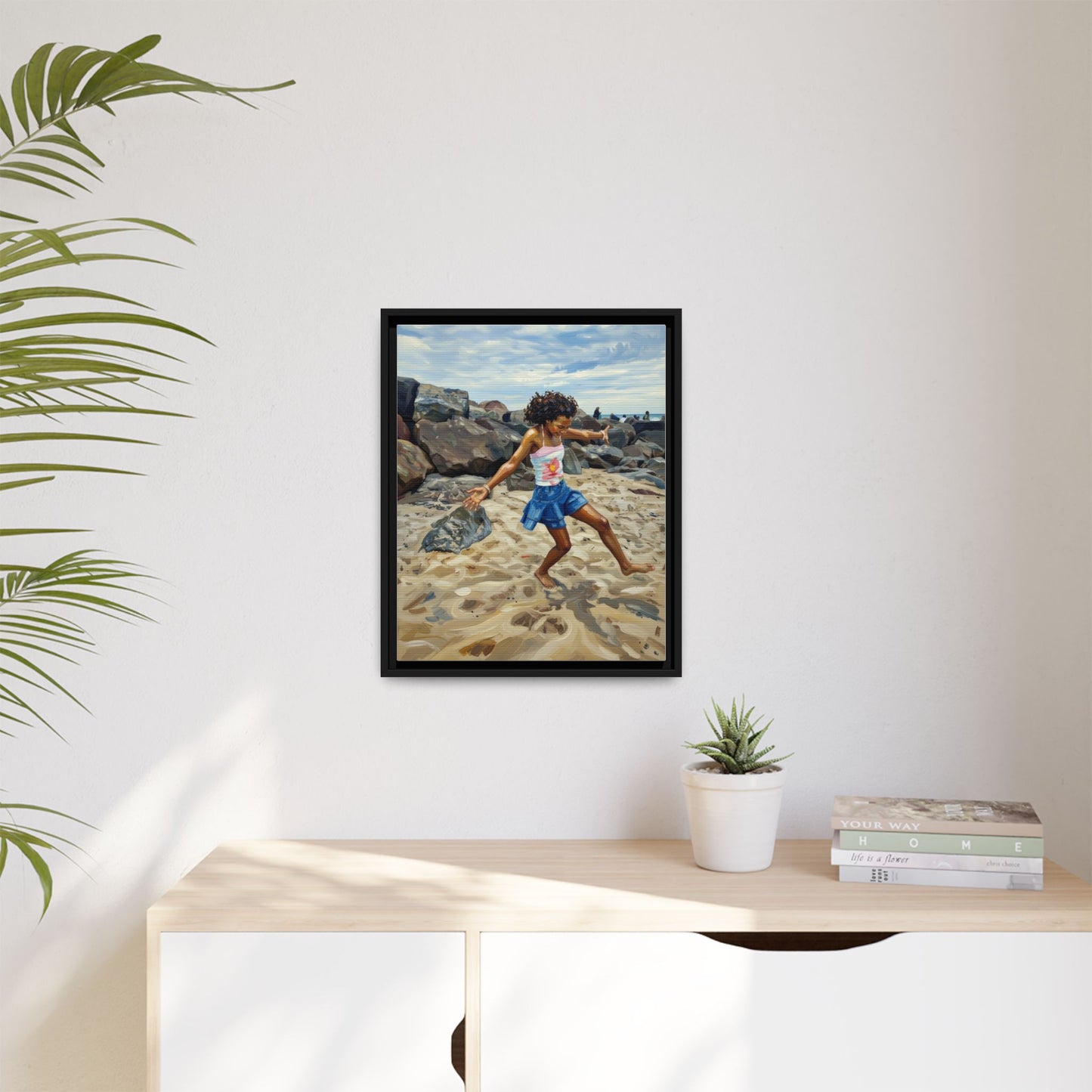 Framed Canvas Art - Girl Dancing on the Beach (Matte Multi-Color)