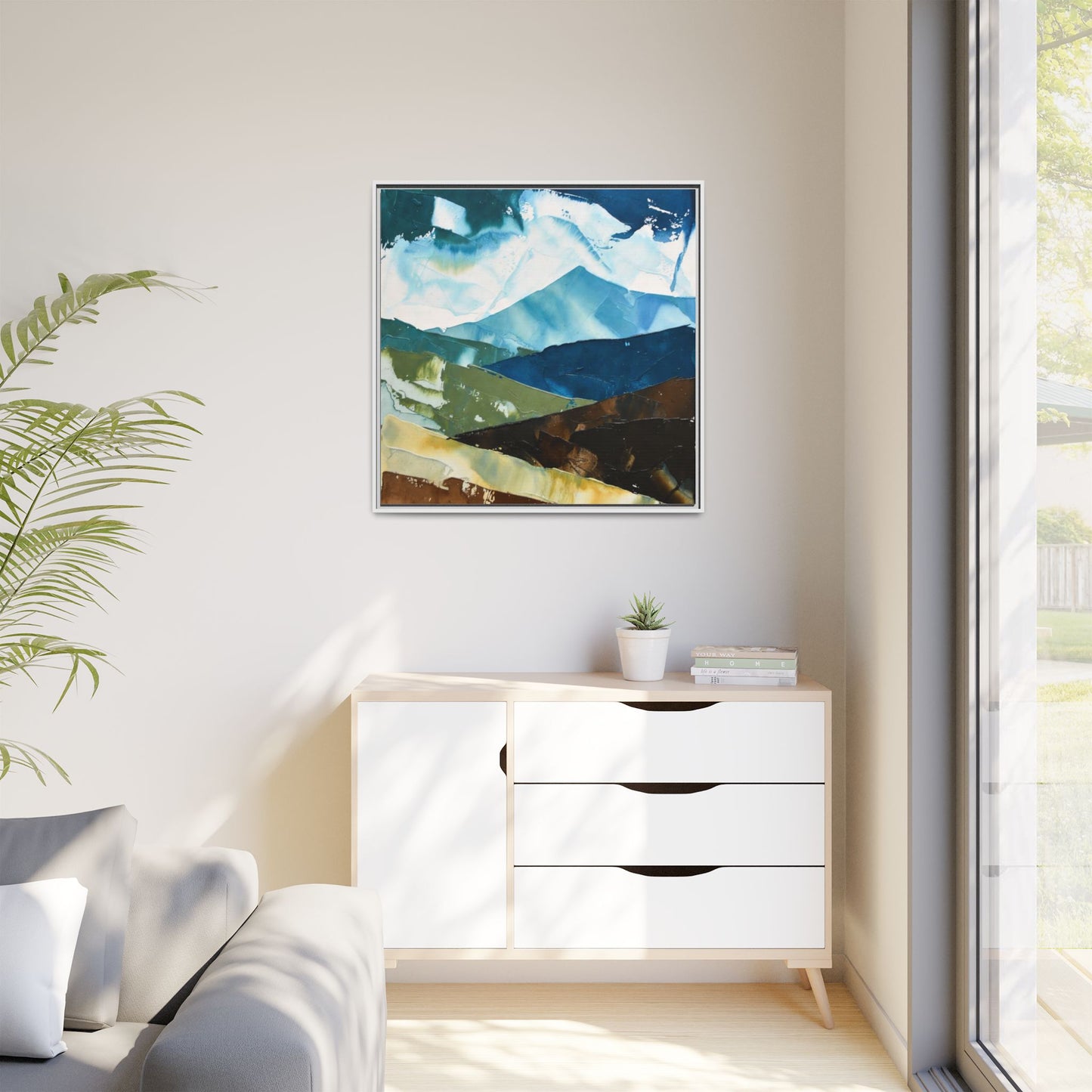 Framed Abstract Mountain Canvas Art — Blue & Earthtone Landscape Print