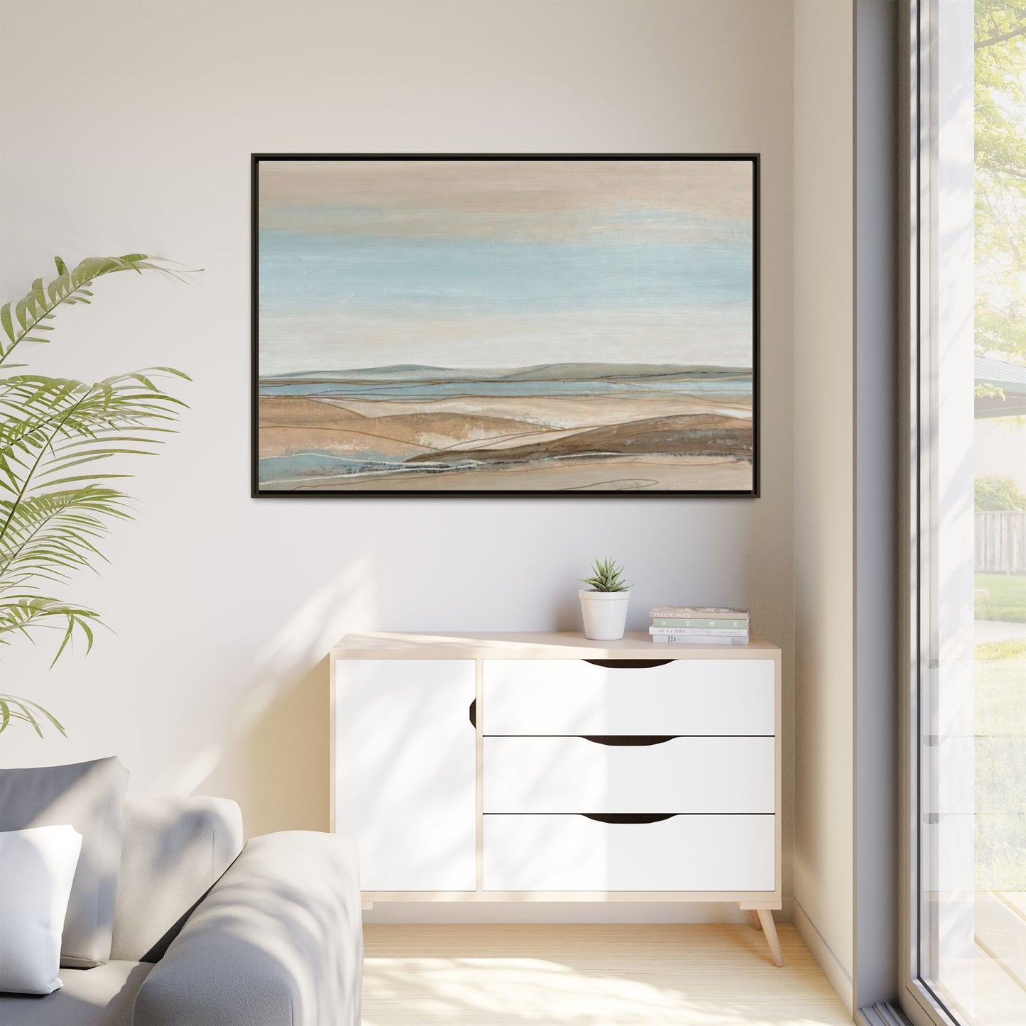 Framed Abstract Landscape Matte Canvas — Serene Coastal Horizon Wall Art