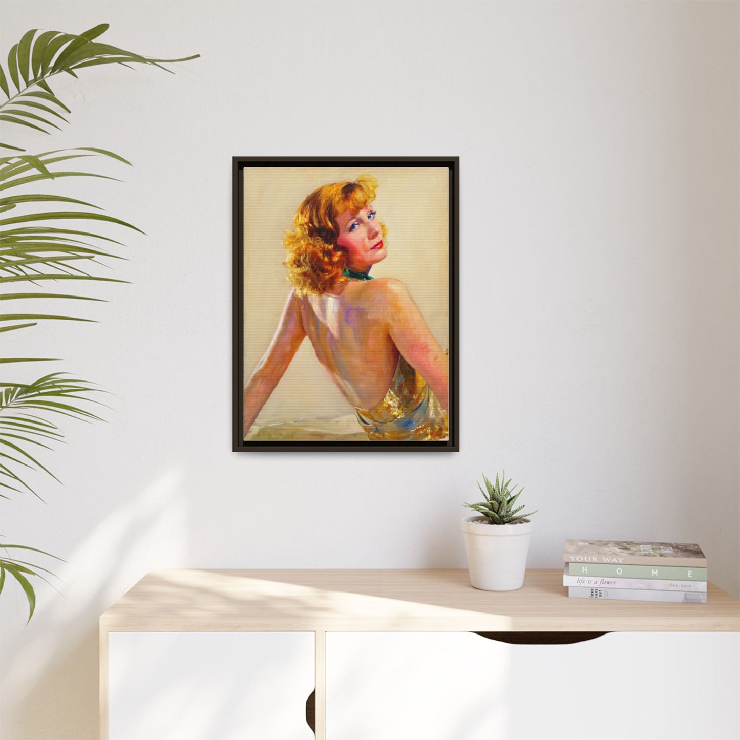 Framed Matte Canvas Print — Vintage Portrait of Redhead Greta Garbo in Gold Dress