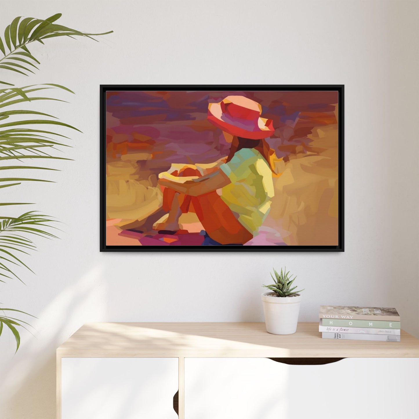 Framed Matte Canvas — Colorful Seated Girl Beach Art