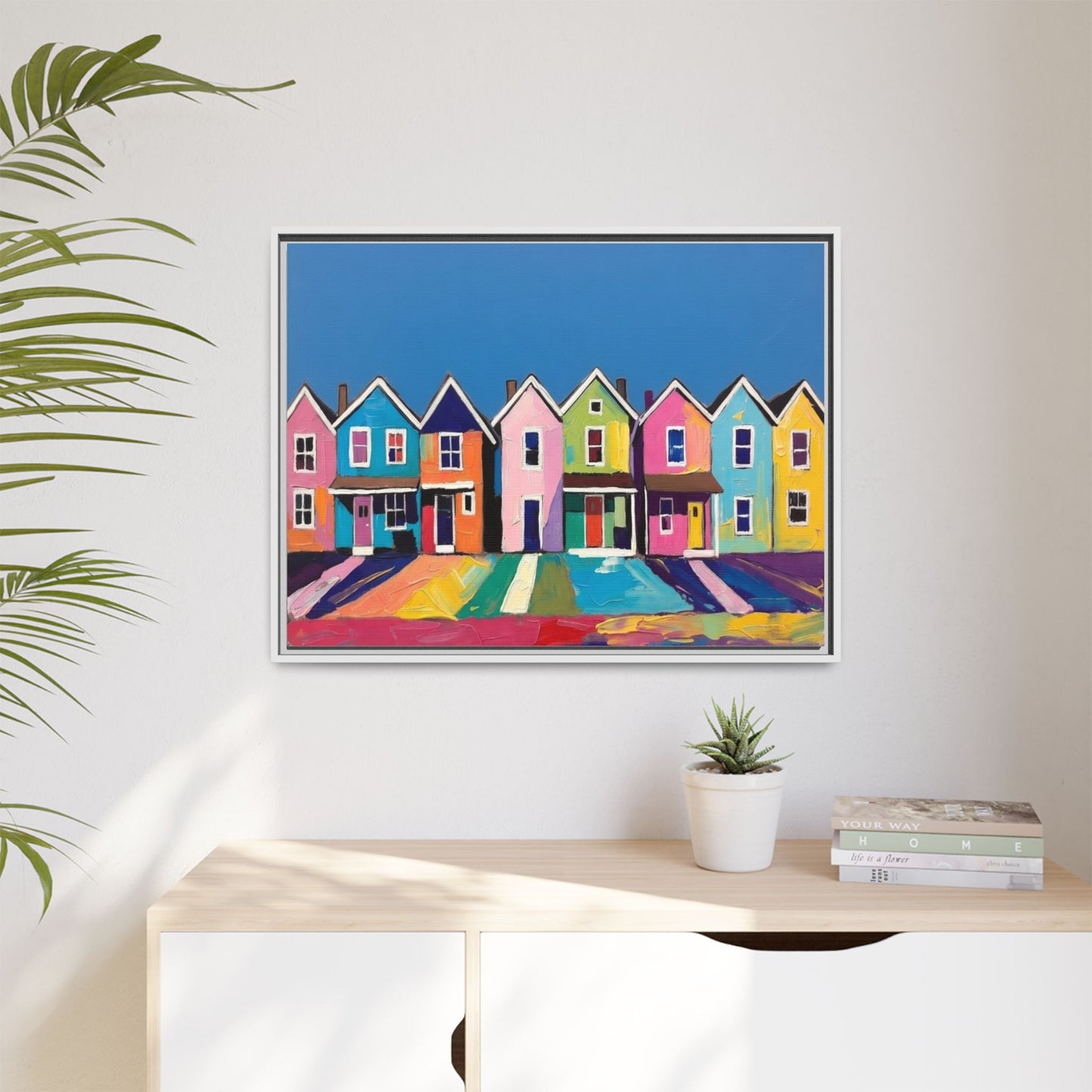Colorful Beach Houses Matte Canvas Framed Wall Art