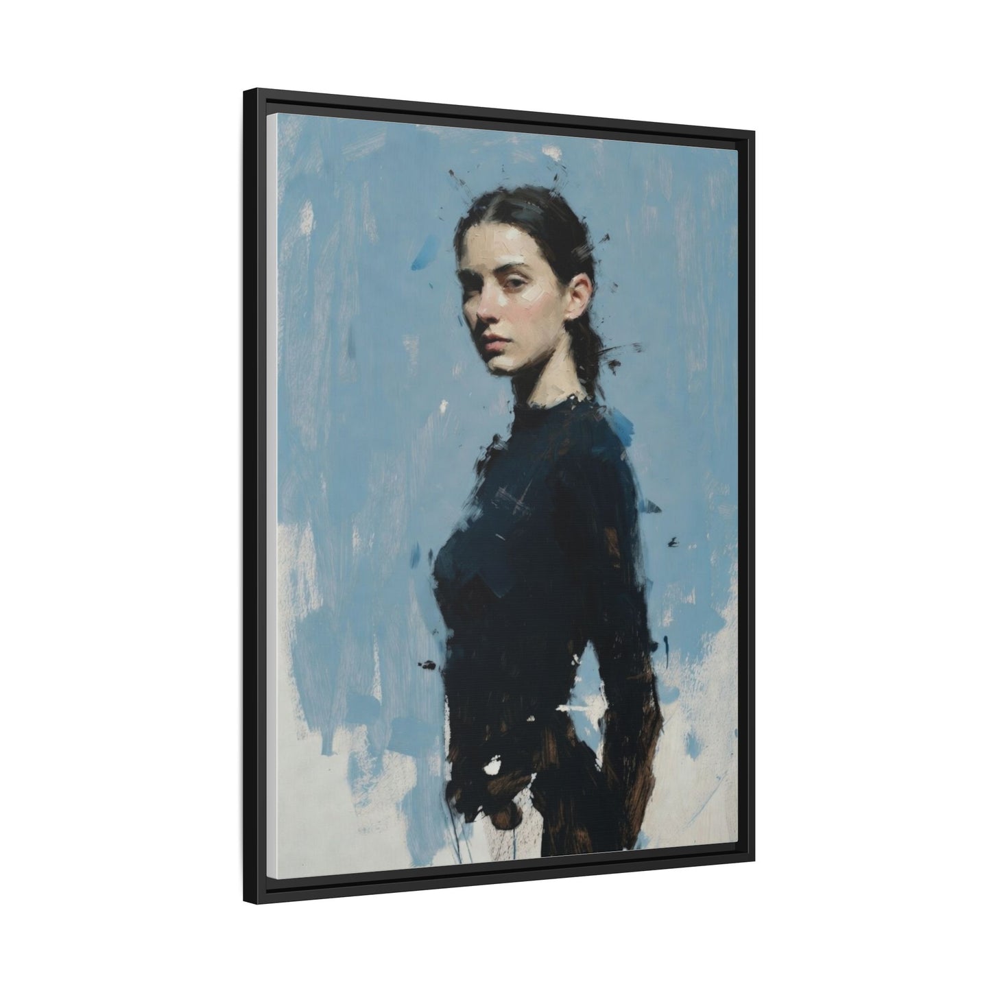 Framed Matte Canvas Portrait Print — Elegant Blue Woman Art