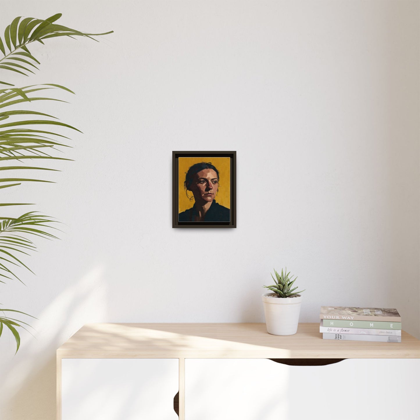 Framed Matte Canvas Portrait Art — Moody Woman on Mustard Background