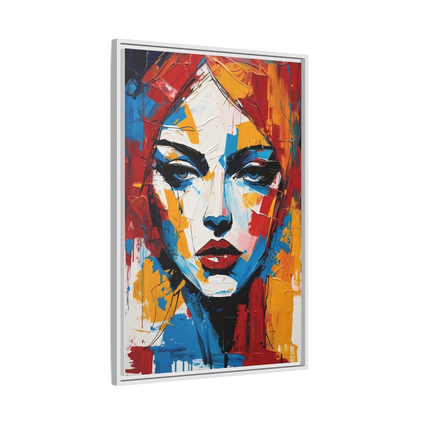 Framed Abstract Portrait Canvas — Colorful Female Face Wall Art