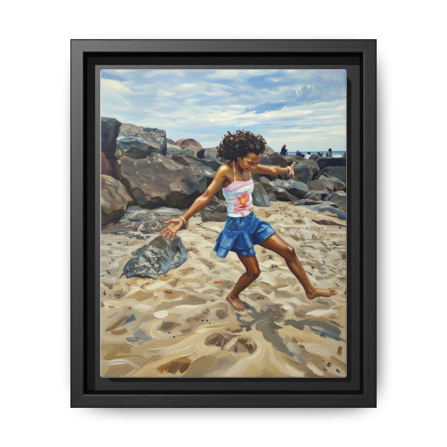 Framed Canvas Art - Girl Dancing on the Beach (Matte Multi-Color)