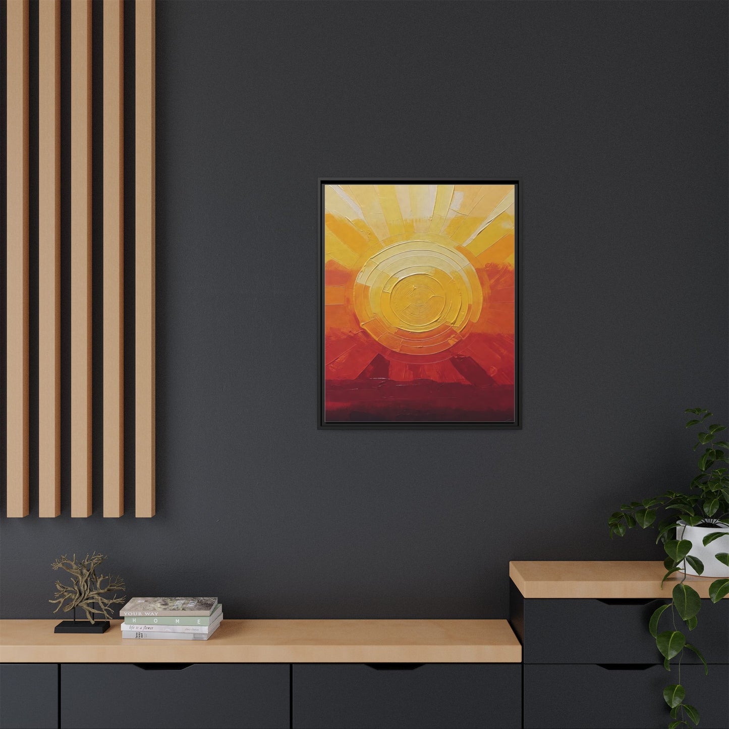 Sunburst Abstract Framed Canvas Art — Matte Multi‑Color Wall Print