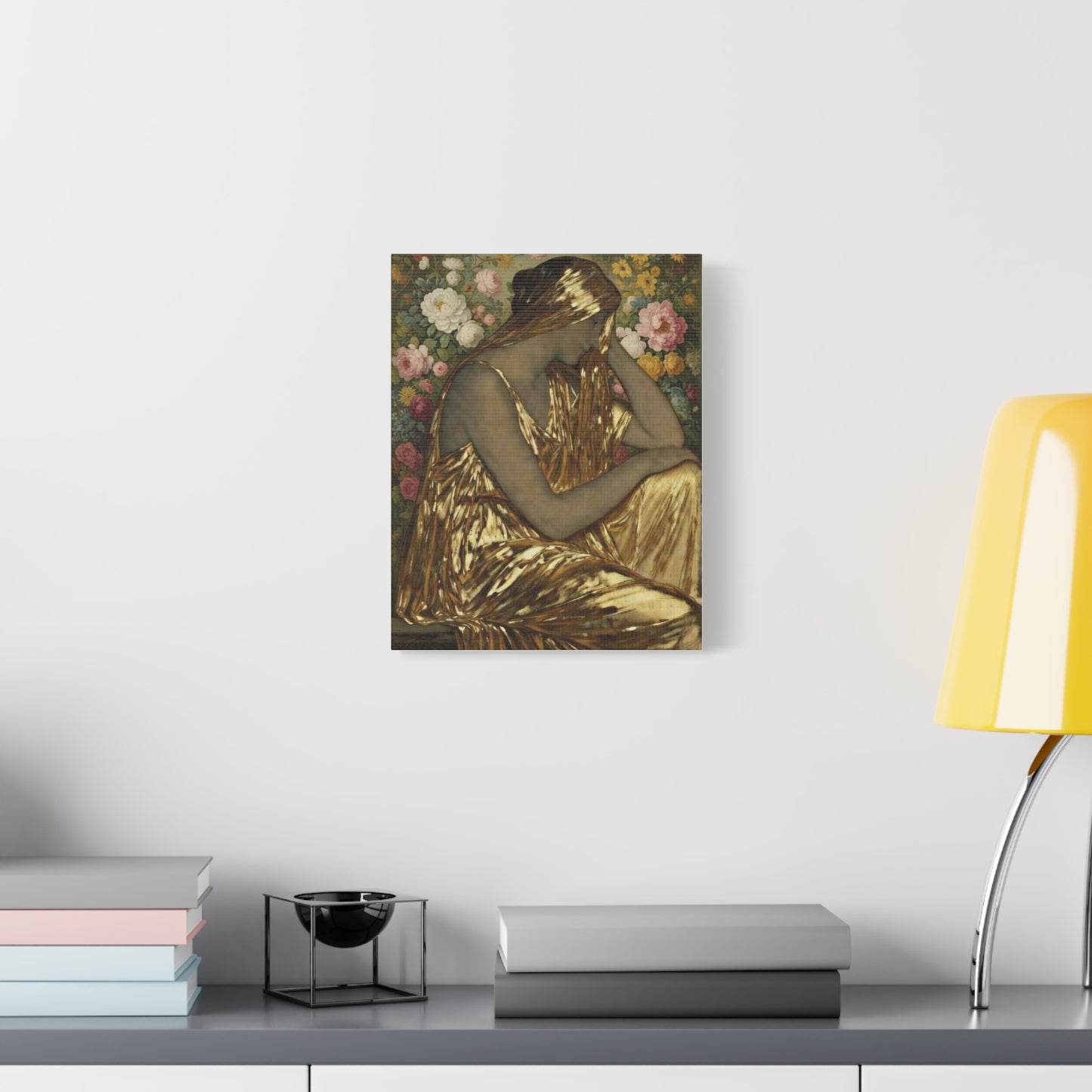 Golden Muse Canvas Print — Woman in Gold Floral Art (Stretched Matte)