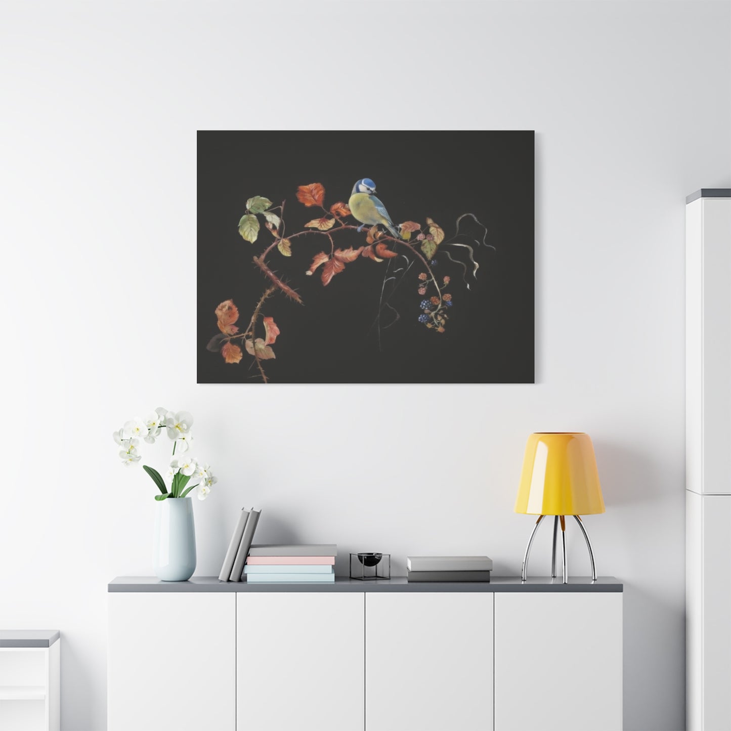 Canvas Wall Art - Blue Tit on Autumn Branch, Stretched Matte Canvas