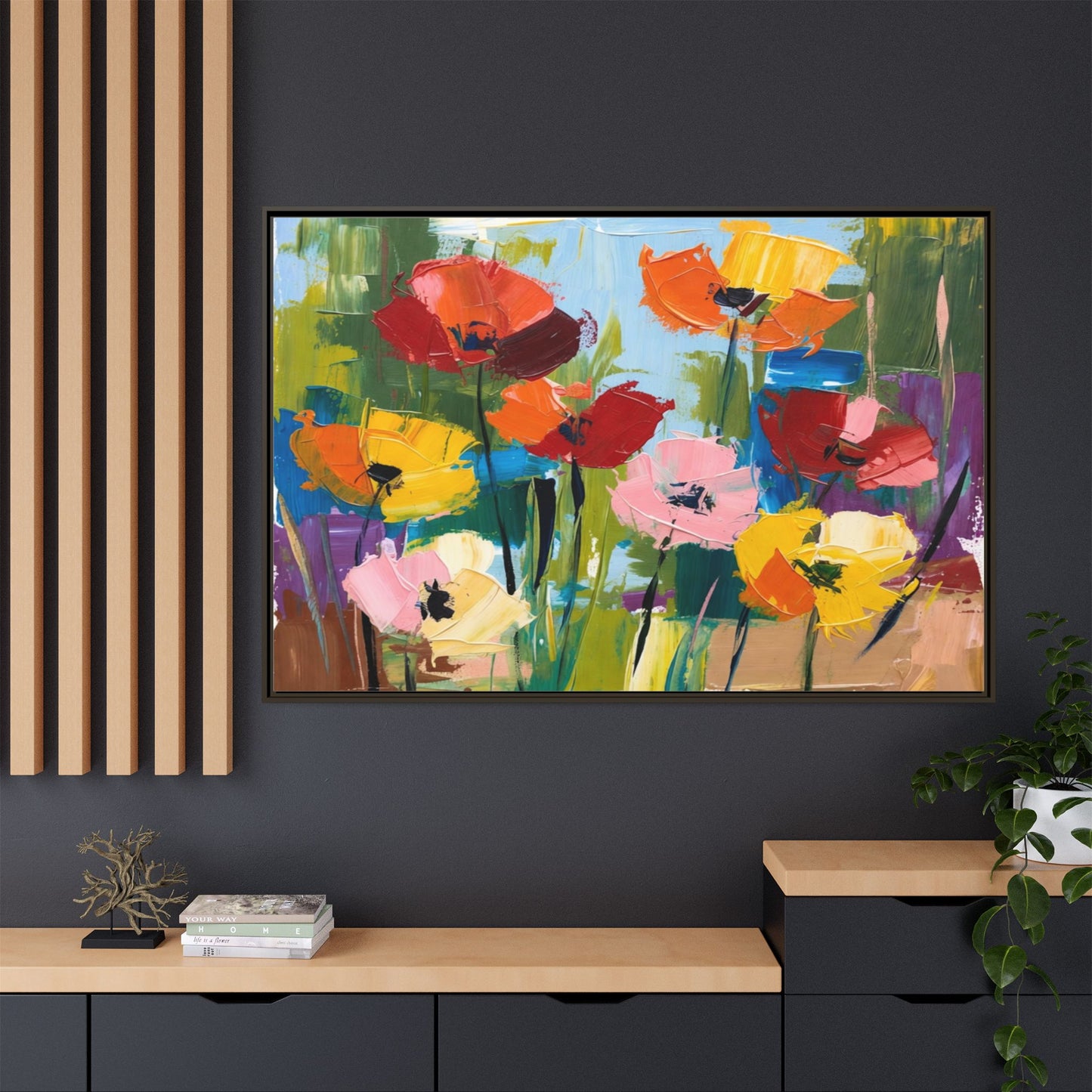 Framed Floral Canvas Print — Colorful Abstract Poppy Artwork