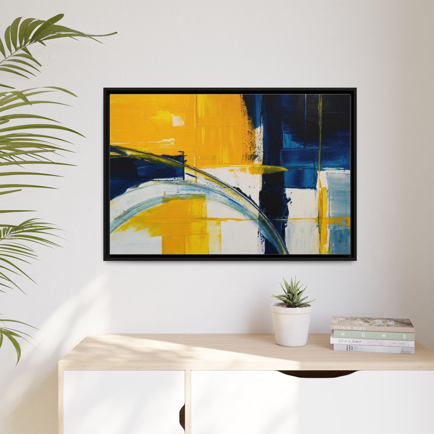 Abstract Yellow & Blue Framed Canvas Wall Art — Modern Matte Canvas Print