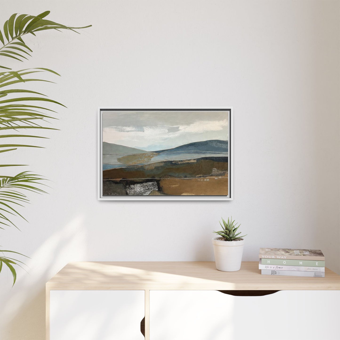 Framed Matte Canvas Landscape Art - Serene Abstract Hills in Blue & Earth Tones