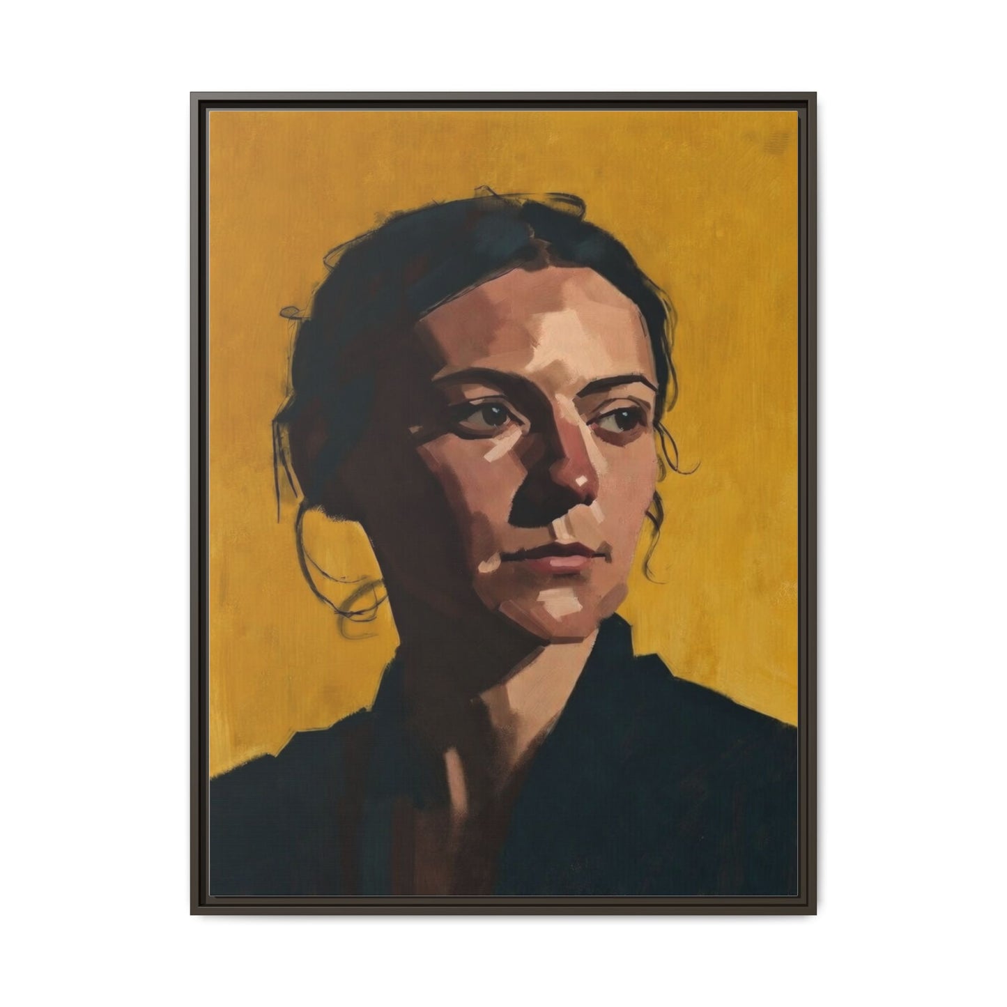 Framed Matte Canvas Portrait Art — Moody Woman on Mustard Background