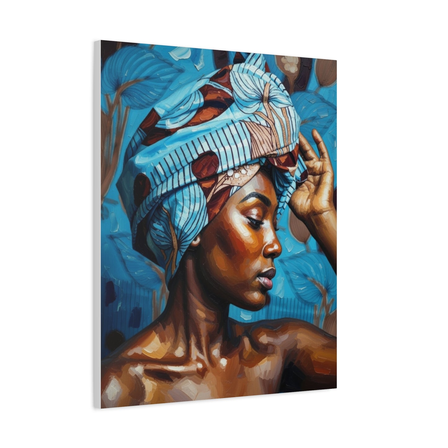 African Woman Portrait Canvas Wall Art - Blue Headwrap Matte Stretched Canvas