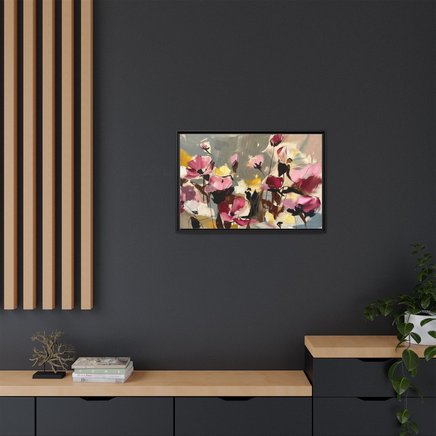 Framed Floral Canvas Wall Art — Abstract Pink & Yellow Flowers