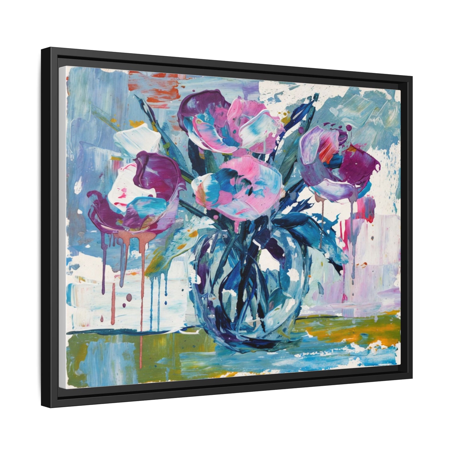 Framed Floral Canvas Art — Abstract Pink & Blue Bouquet