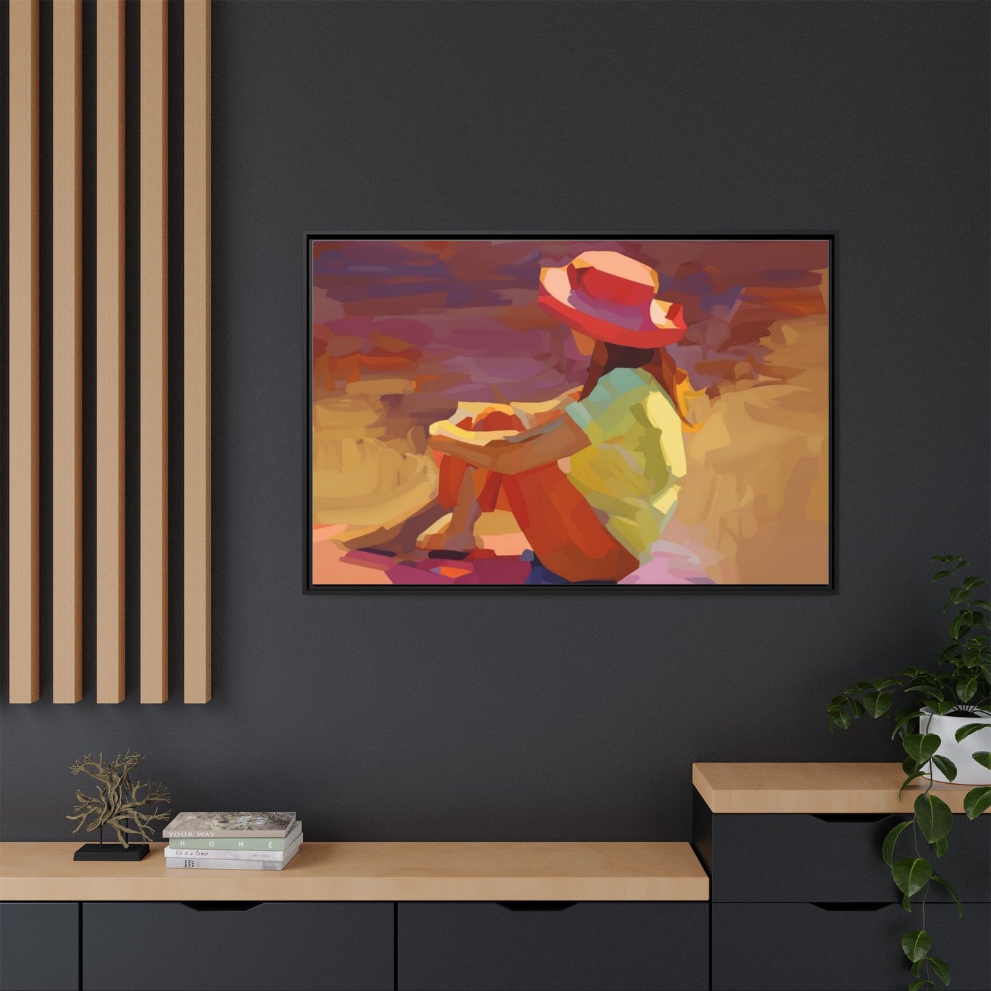 Framed Matte Canvas — Colorful Seated Girl Beach Art