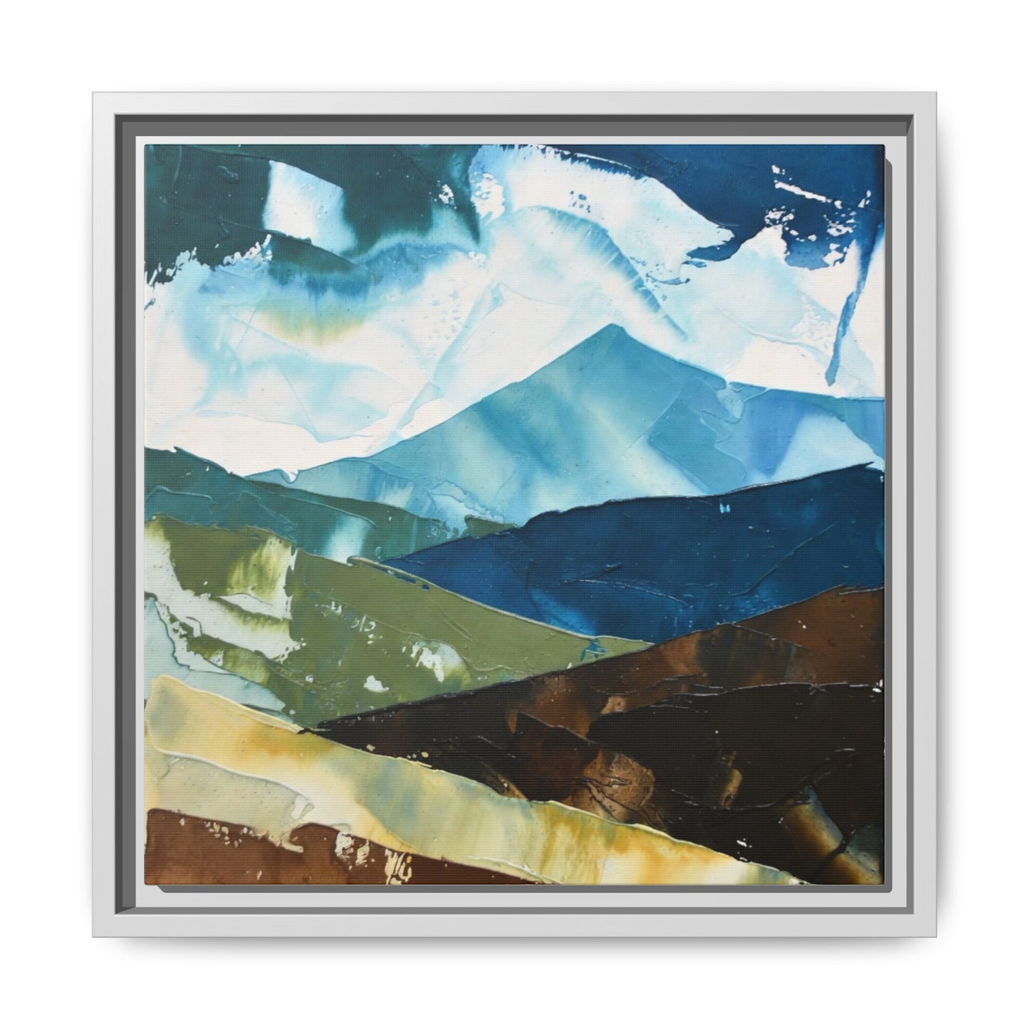 Framed Abstract Mountain Canvas Art — Blue & Earthtone Landscape Print