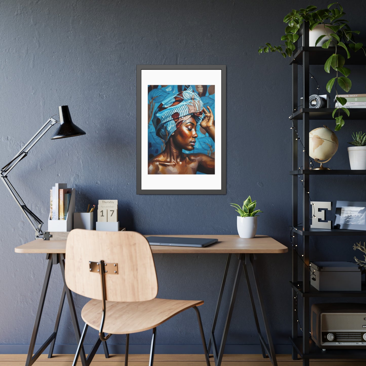 Framed Art Print — Portrait of Woman with Blue Headwrap (Gallery Wall Decor)