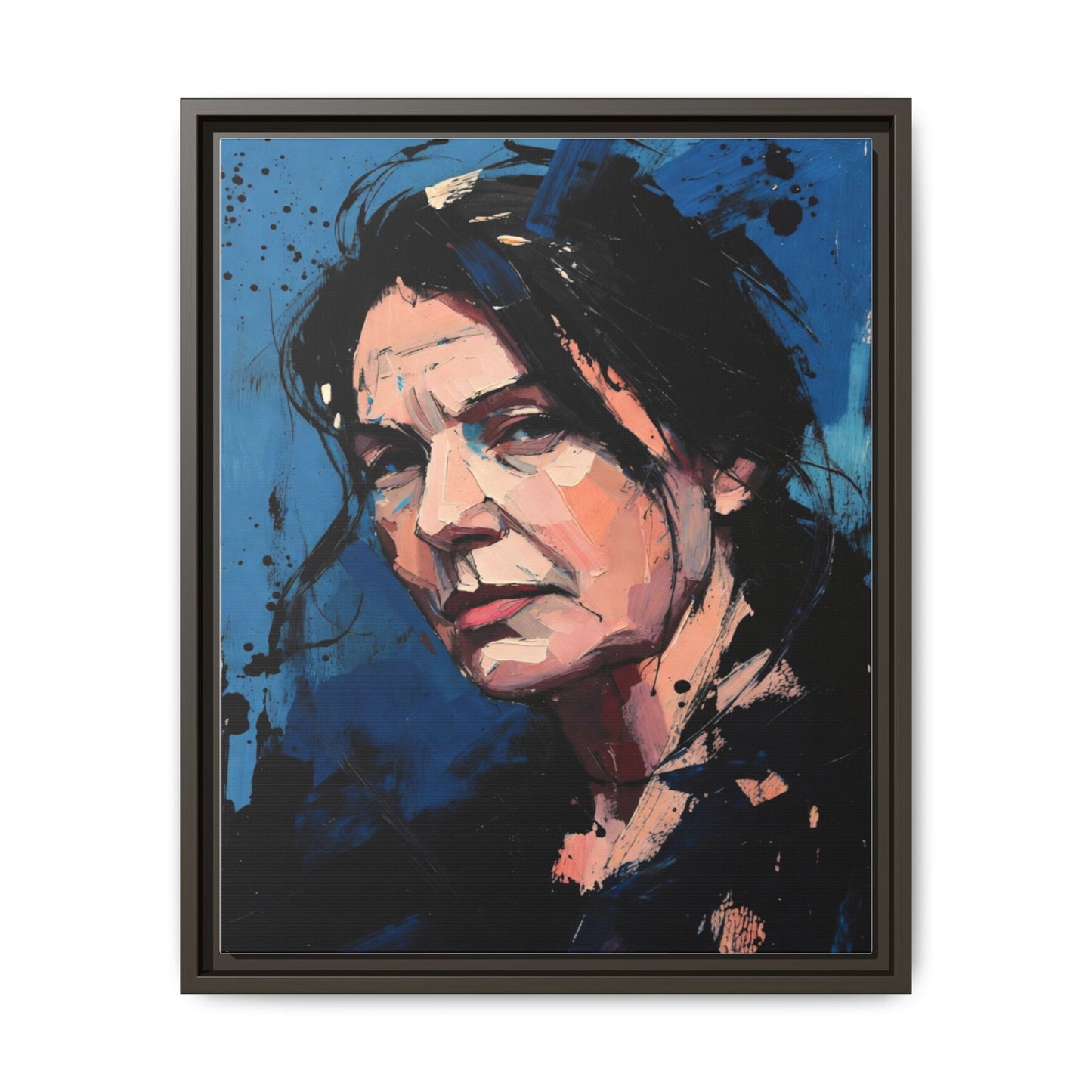 Framed Matte Canvas Portrait — Expressive Blue Painterly Woman Art