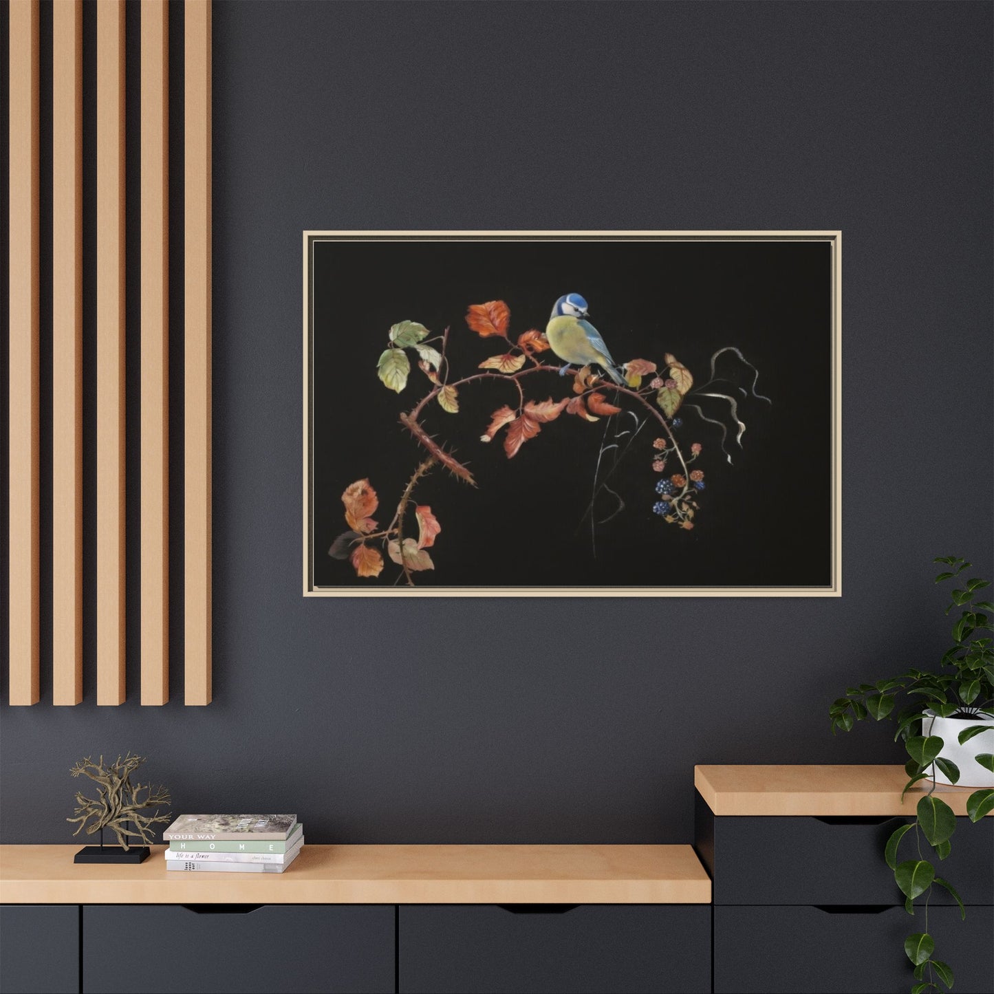 Framed Matte Canvas - Blue Tit on Autumn Branch Wall Art