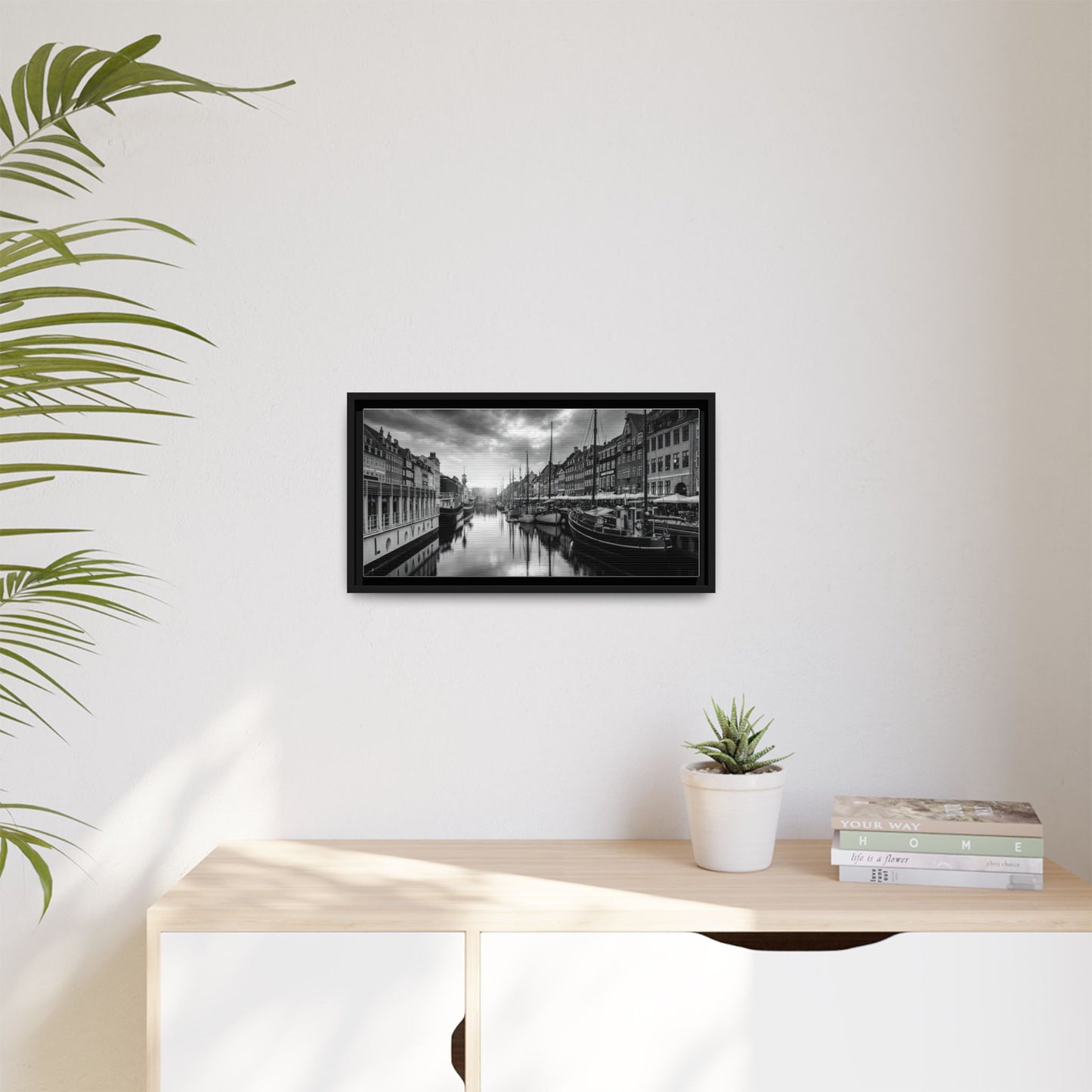 Framed Matte Canvas: Black & White Dutch Canal Photography Wall Art