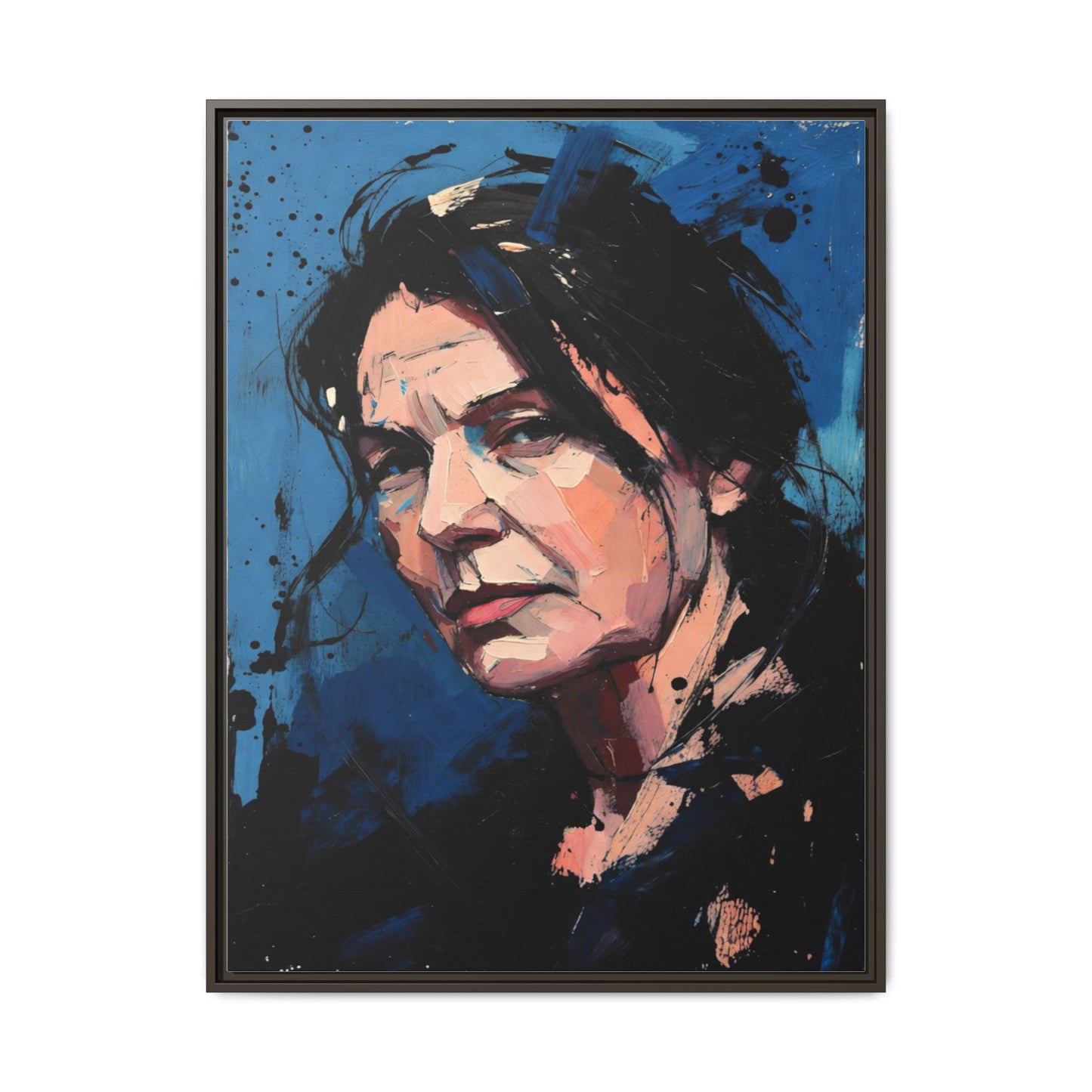 Framed Matte Canvas Portrait — Expressive Blue Painterly Woman Art