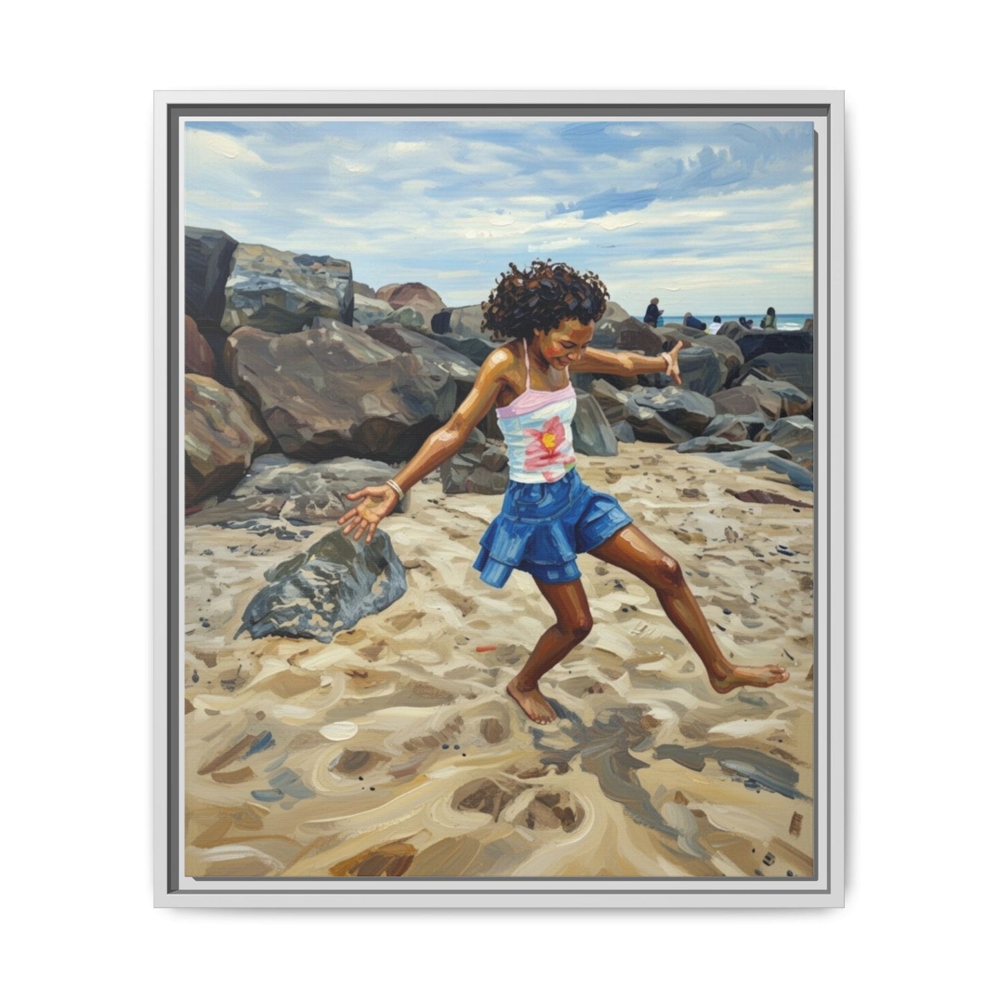 Framed Canvas Art - Girl Dancing on the Beach (Matte Multi-Color)