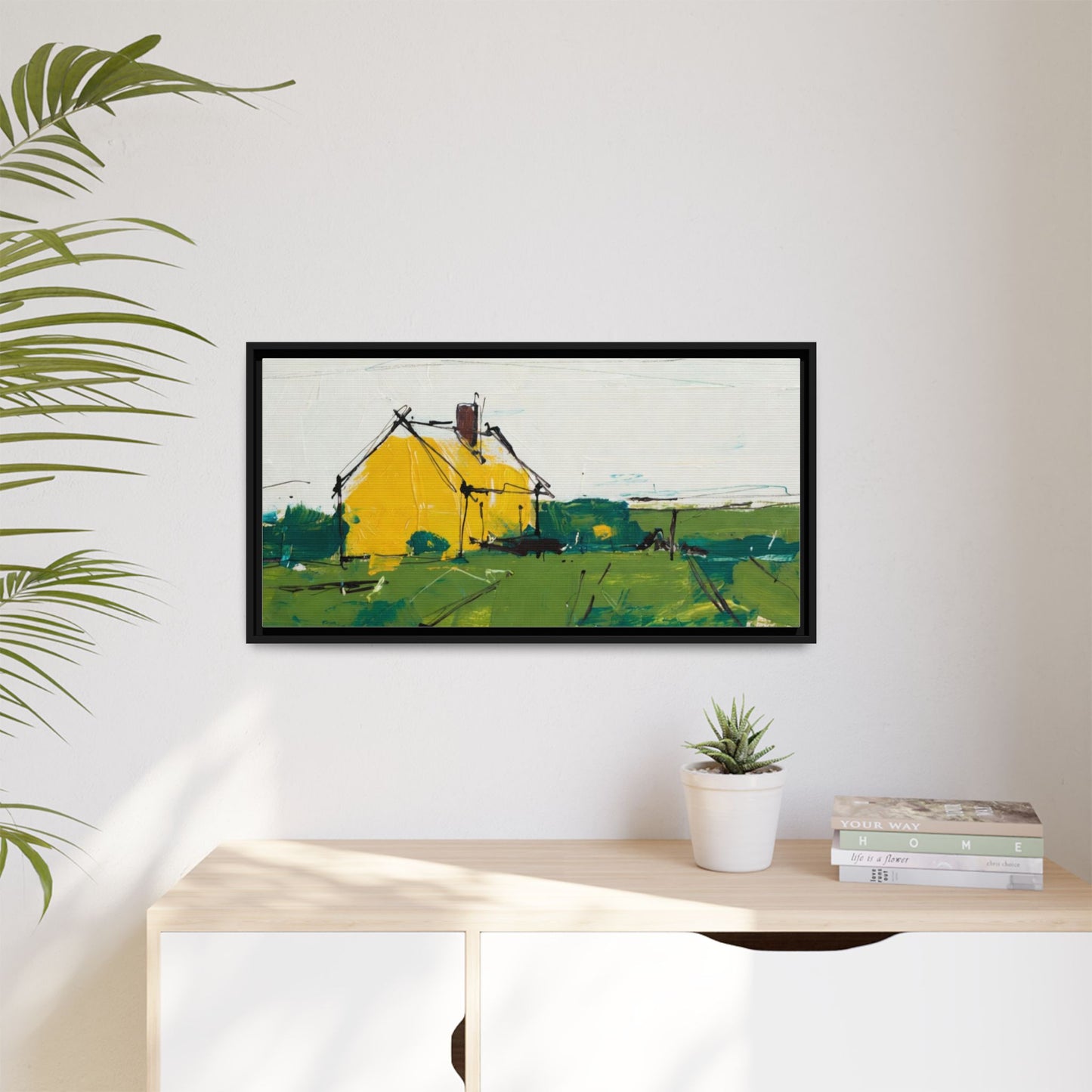Yellow Cottage Landscape Framed Canvas Print