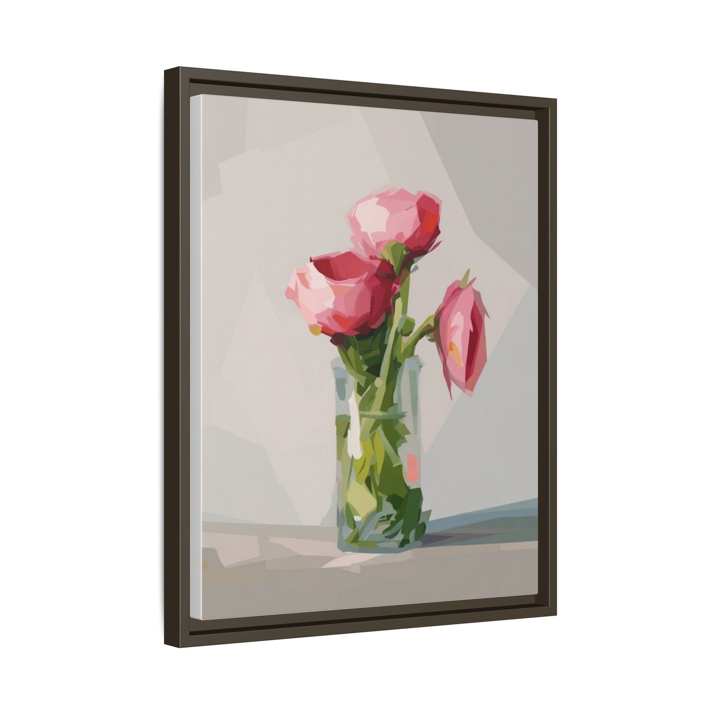 Framed Canvas Art — Pink Roses in Vase, Modern Floral Wall Print