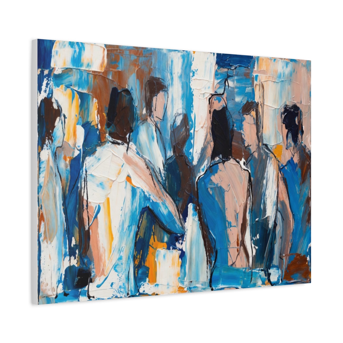 Abstract Figurative Canvas Art — Blue Social Scene Matte Stretched Canvas