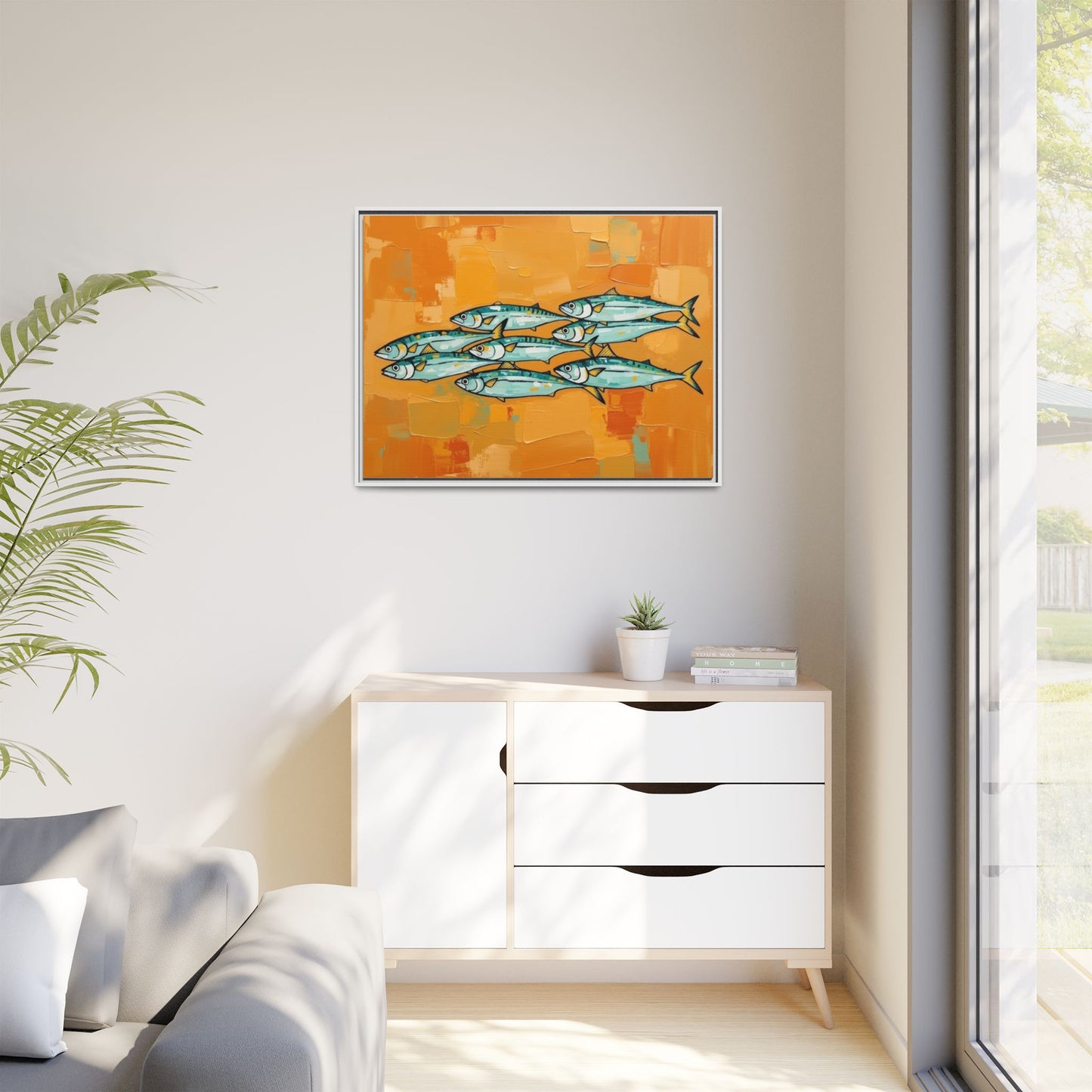 Framed Matte Canvas Print — School of Blue Fish on Orange Abstract Background