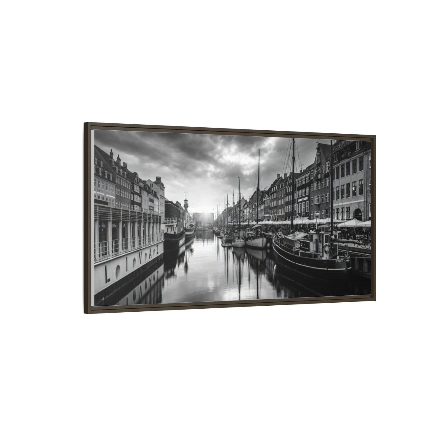 Framed Matte Canvas: Black & White Dutch Canal Photography Wall Art