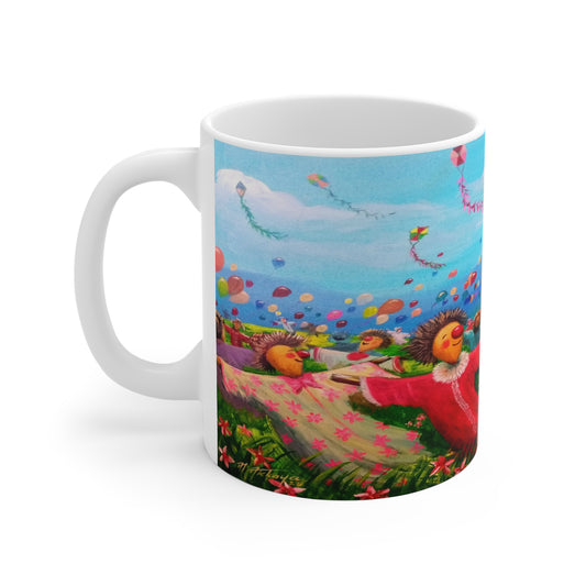 11oz Mug — Colorful Folk Art Kids Playing with Kites & Balloons Ceramic Coffee Cup
