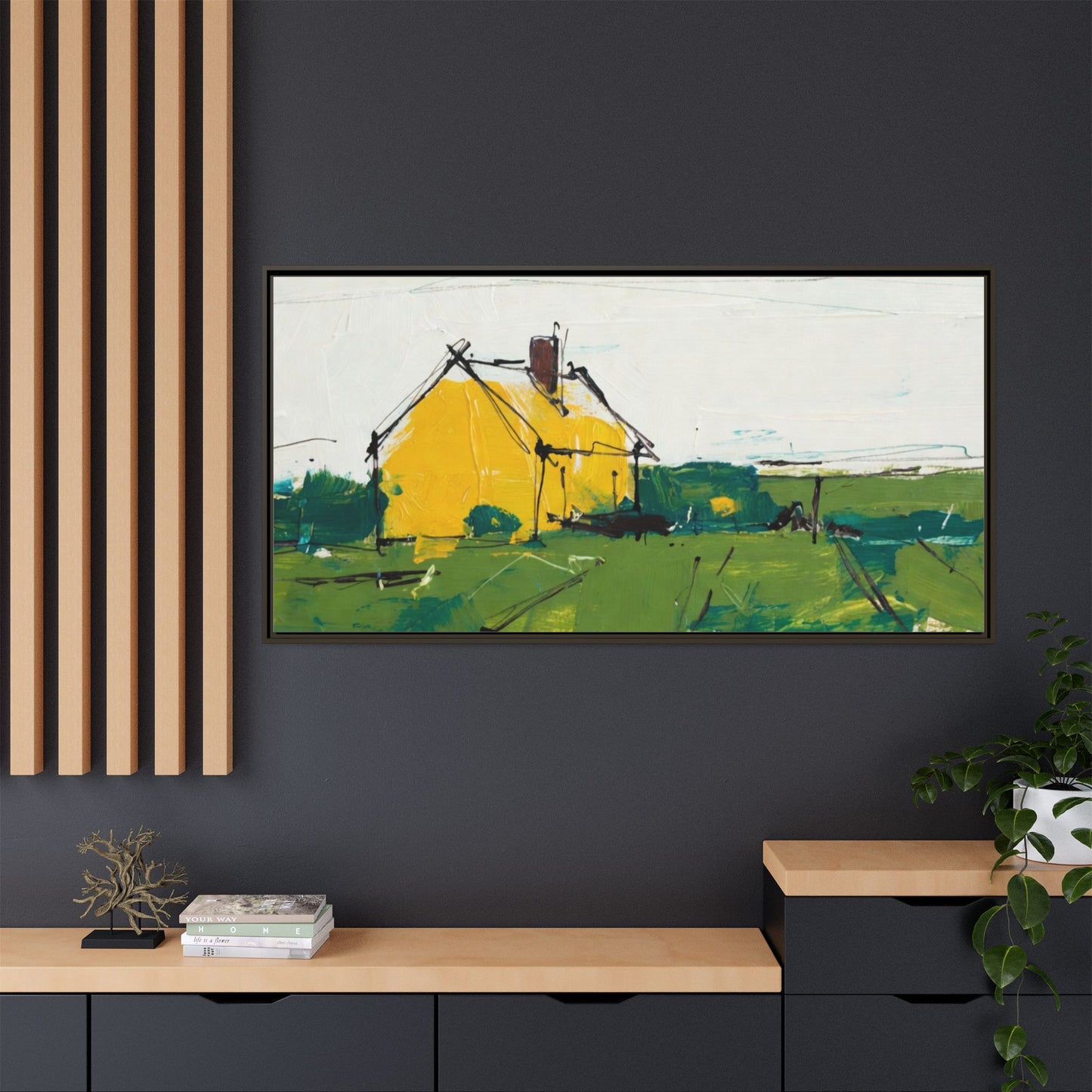 Yellow Cottage Landscape Framed Canvas Print