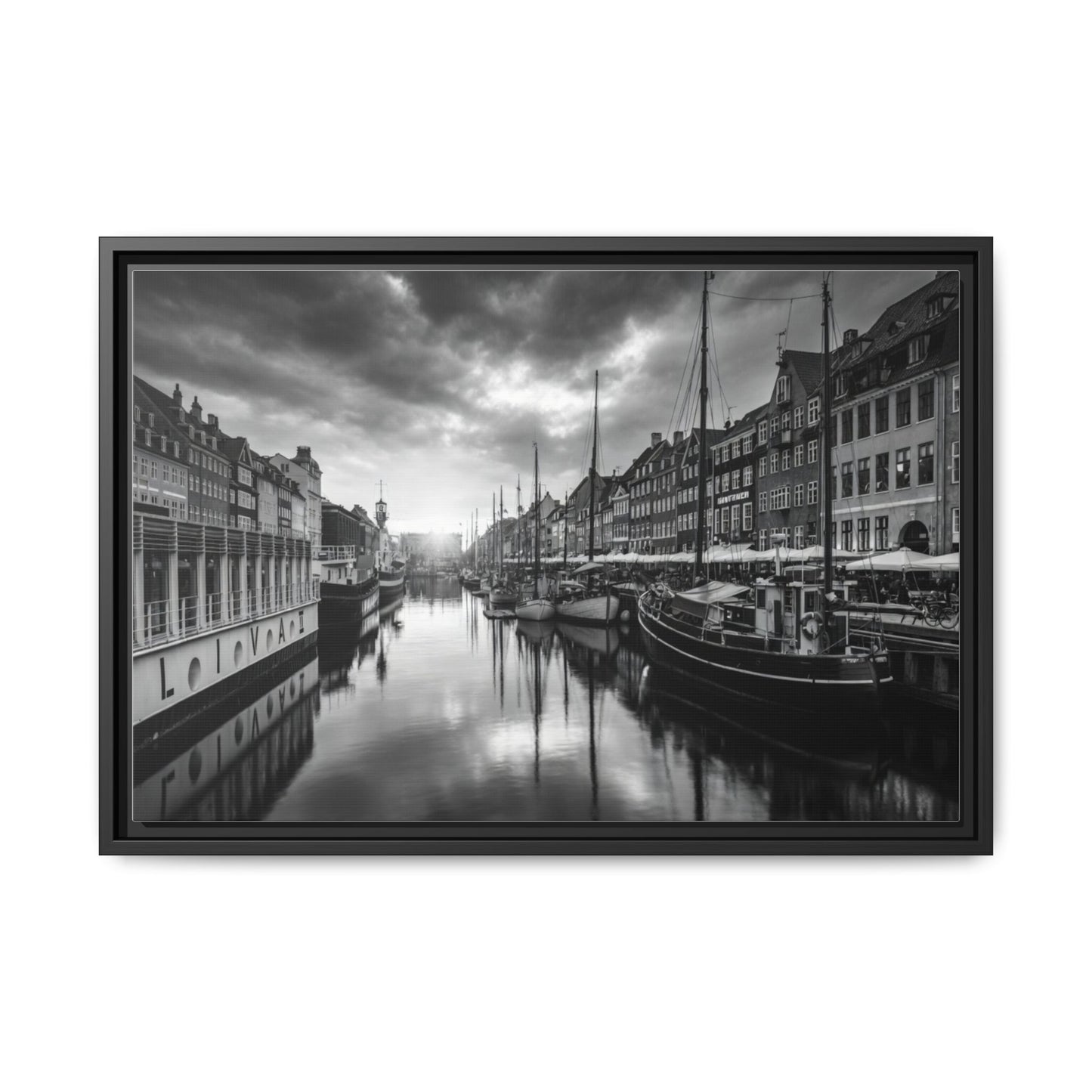 Framed Matte Canvas: Black & White Dutch Canal Photography Wall Art
