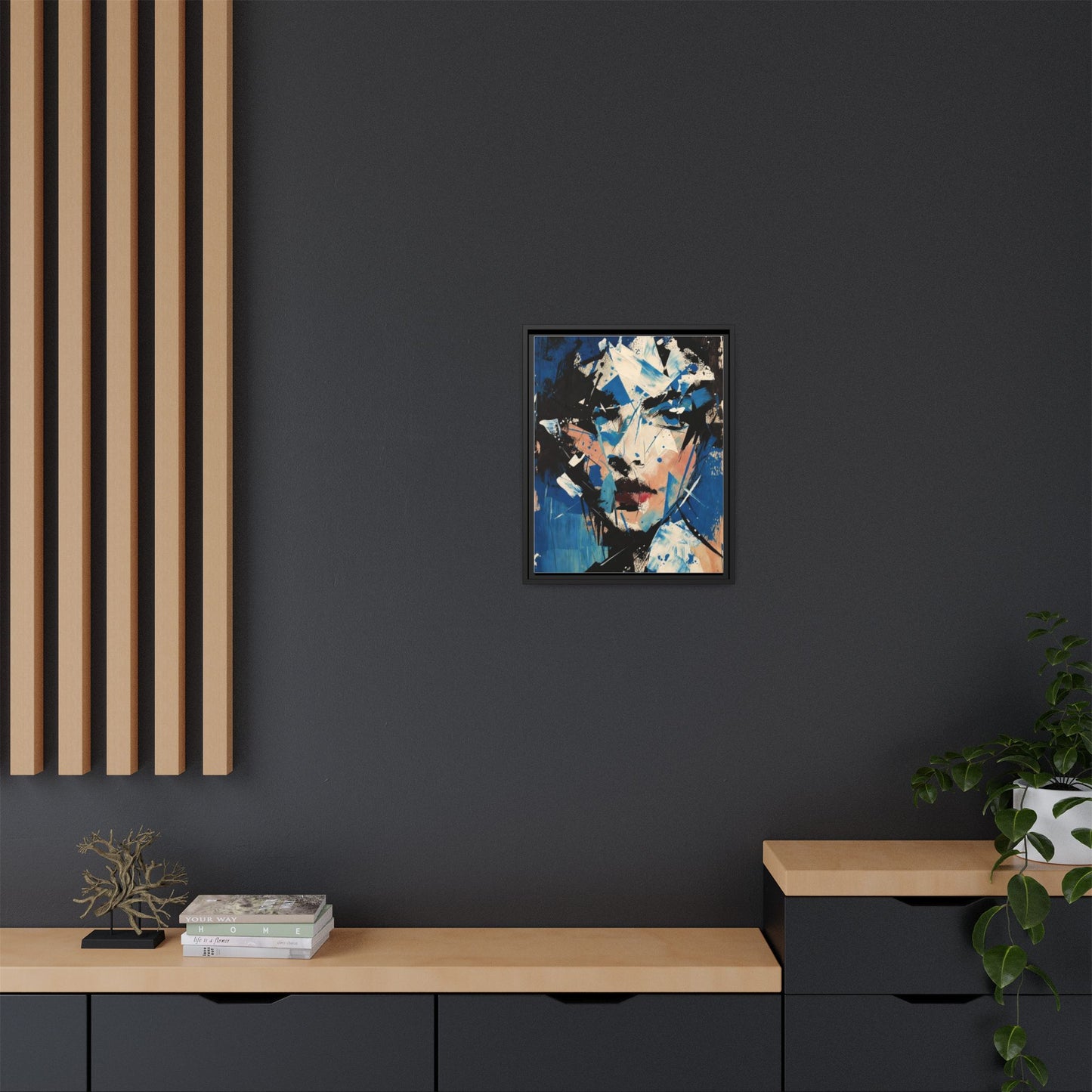 Abstract Portrait Matte Canvas Framed Wall Art — Blue Mixed-Media Face Print