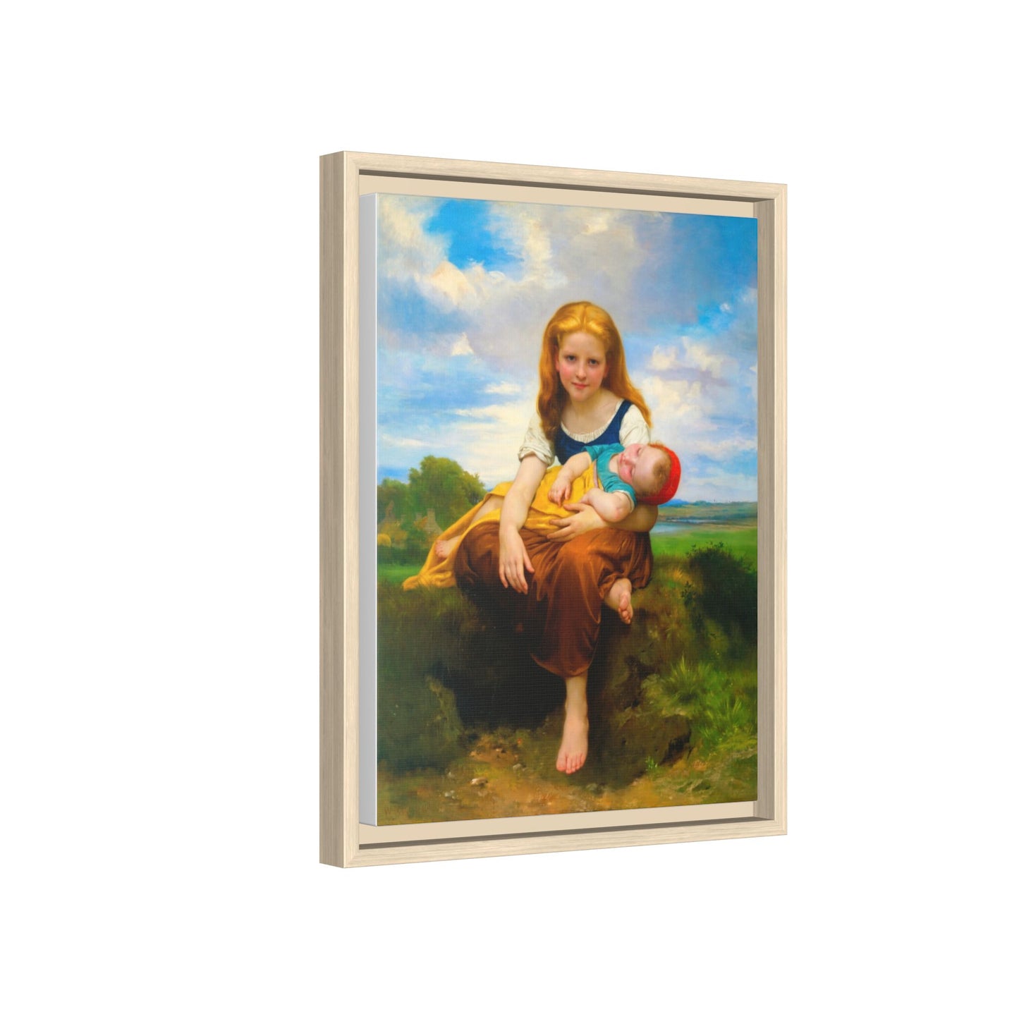 Young Girl Holding Sleeping Baby Canvas Print, Framed Wall Art