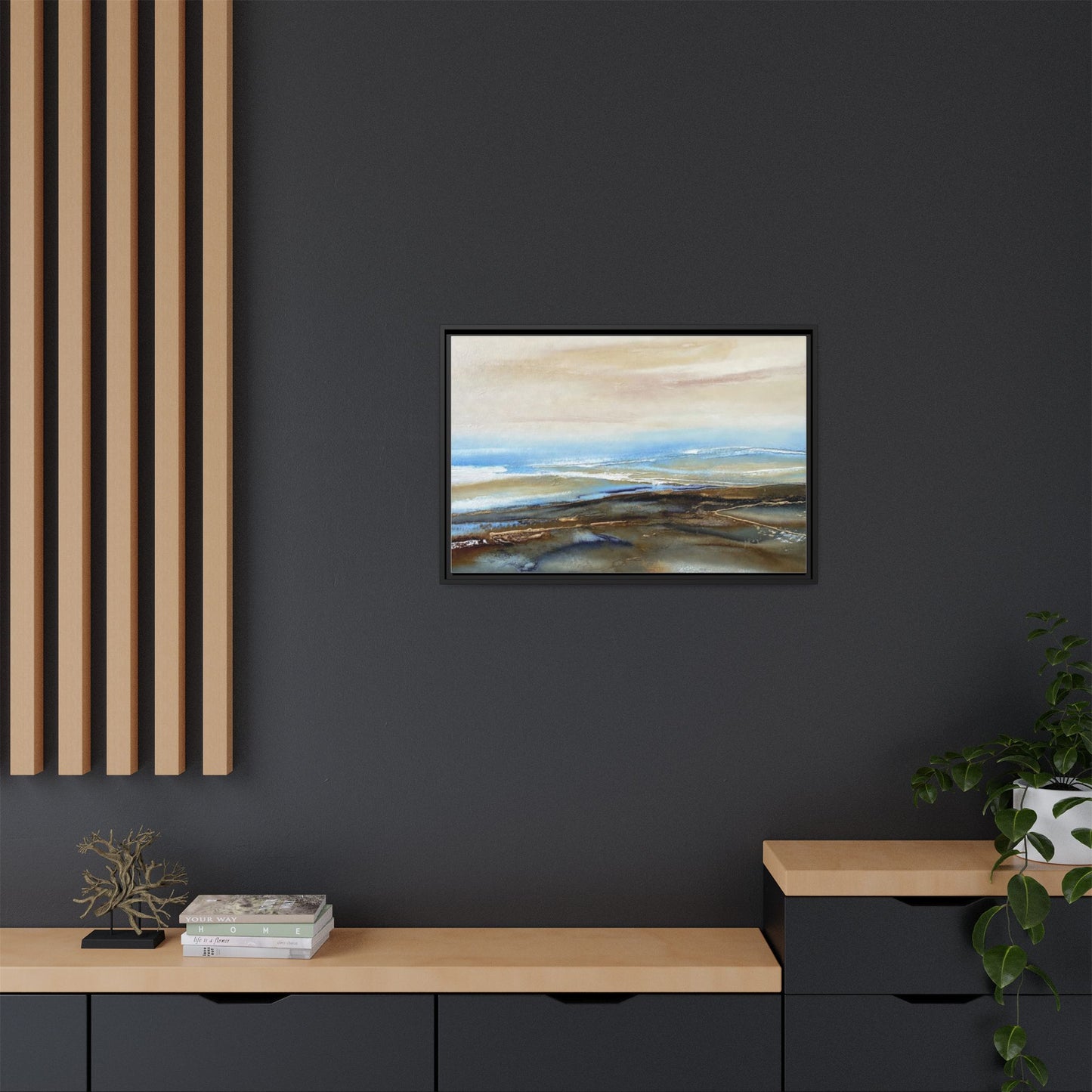 Framed Abstract Seascape Matte Canvas — Coastal Blue & Earth Tone Wall Art