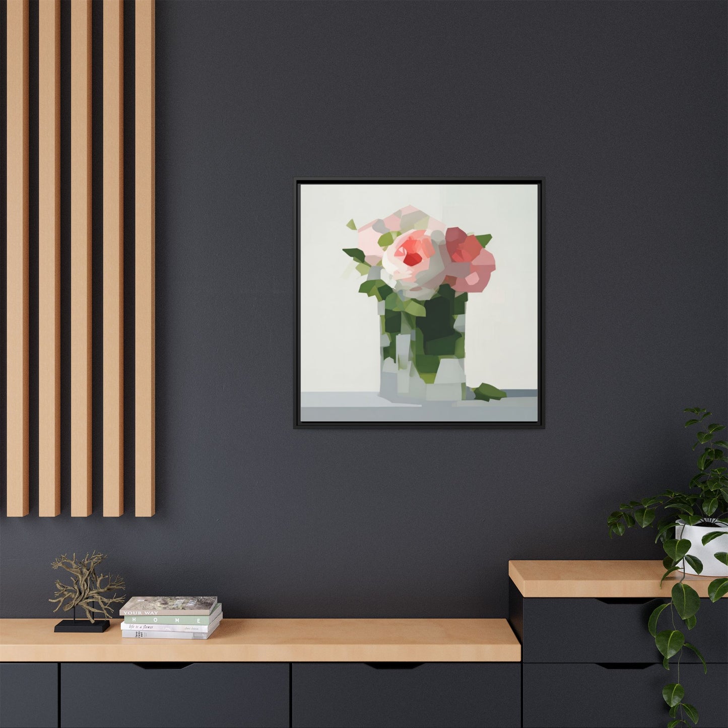 Framed Floral Canvas Print — Modern Pink Roses Still Life
