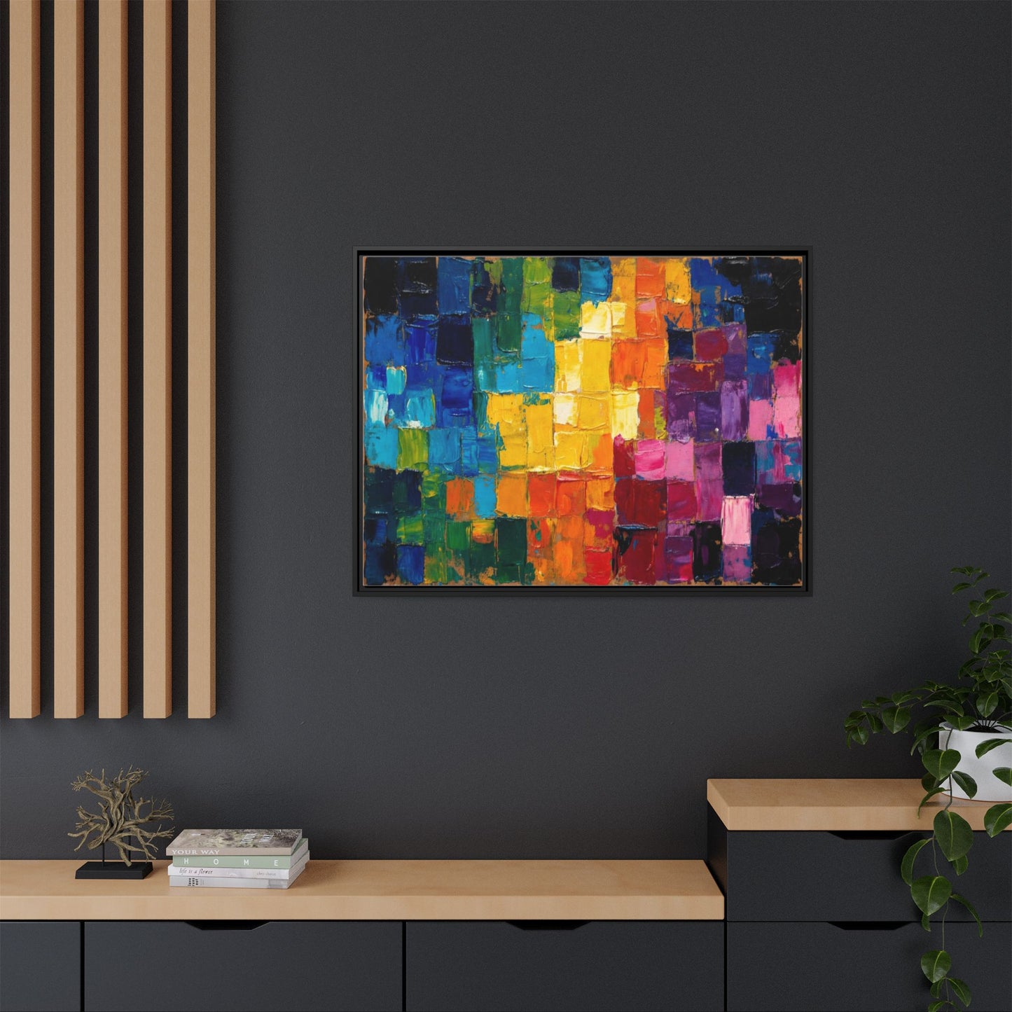 Abstract Rainbow Mosaic Framed Canvas Print — Colorful Modern Wall Art