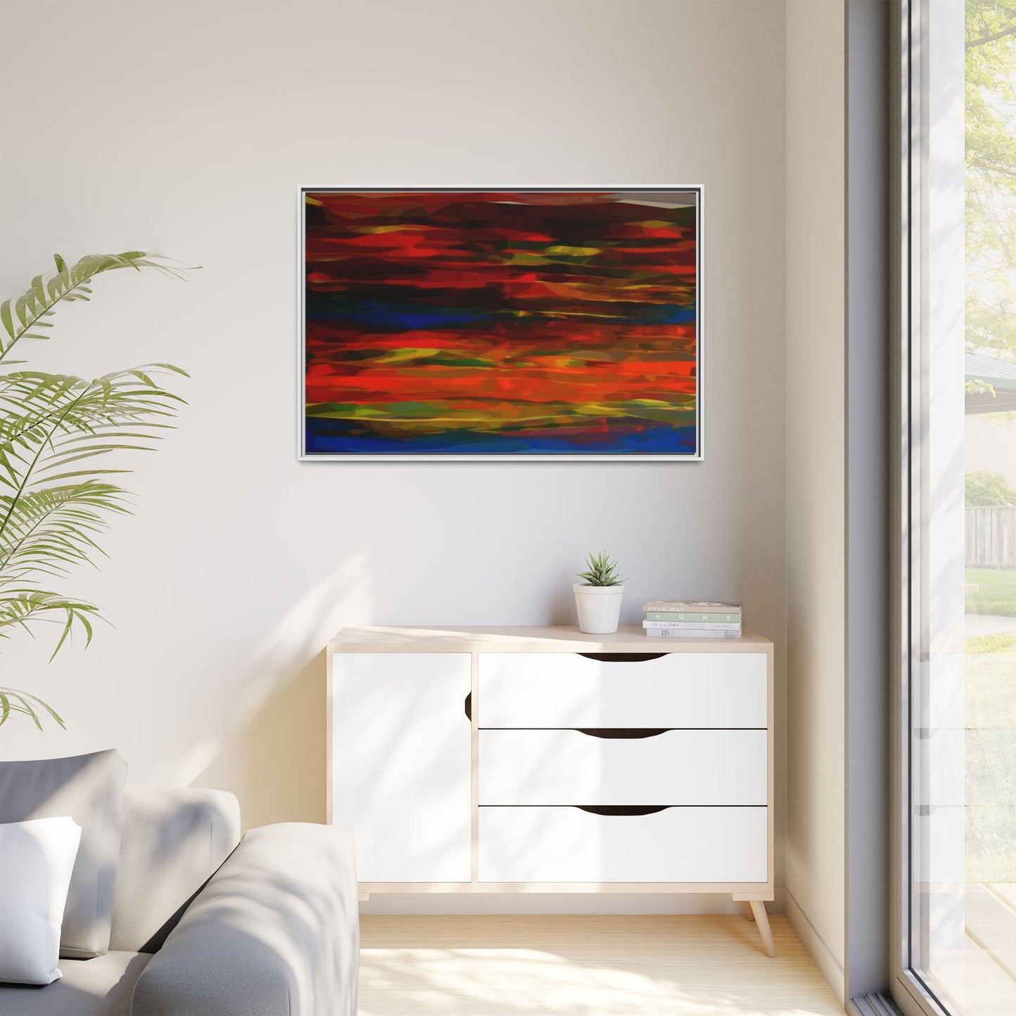 Abstract Multi-Color Matte Canvas Framed Wall Art — Bold Red & Blue Modern Painting