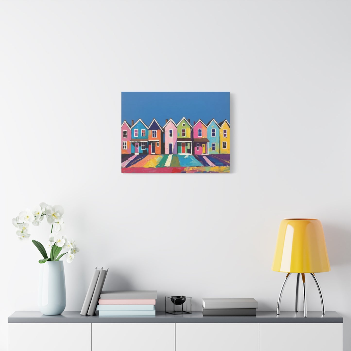 Colorful Row Houses Matte Canvas Print Vibrant Coastal Neighborhood Wall Art